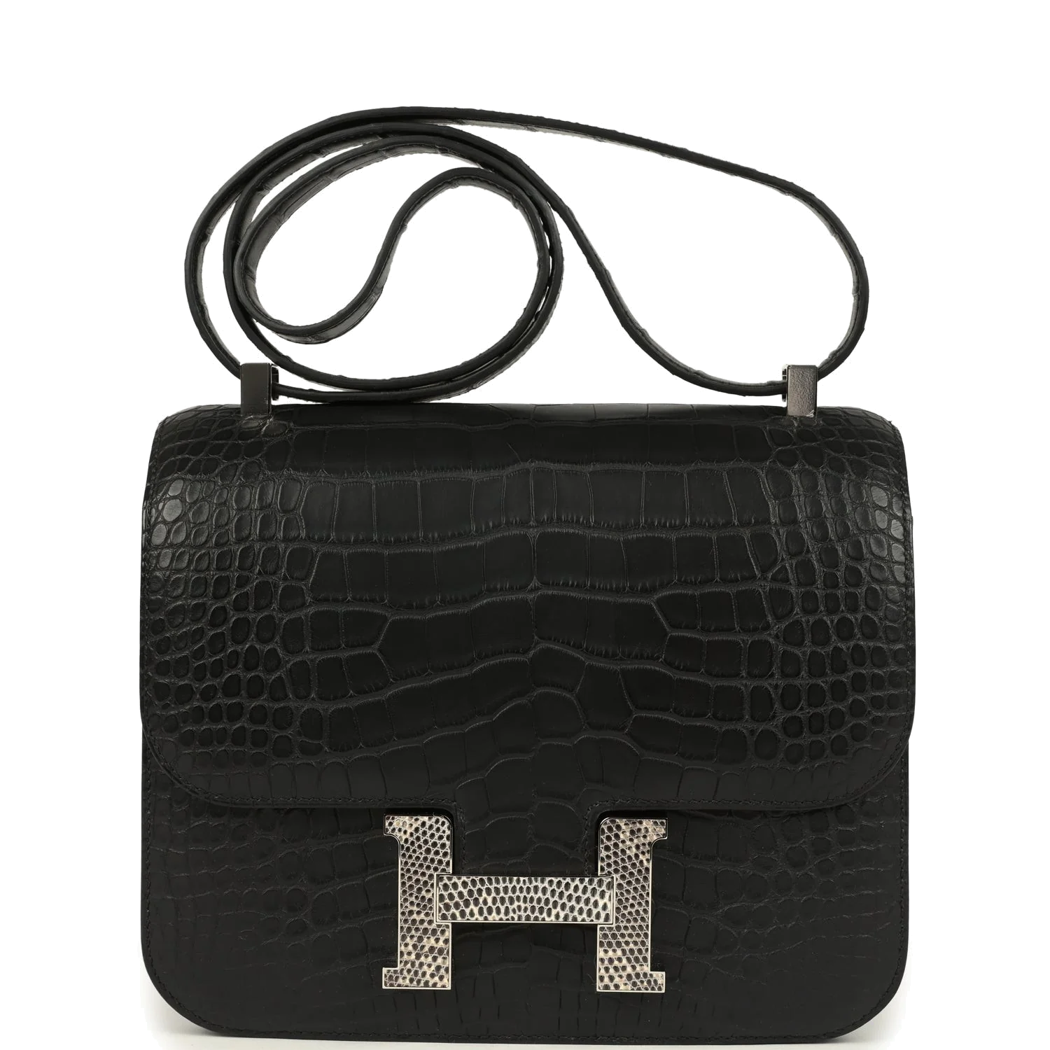 Hermes Constance 24 Black Matte Alligator and Ombre Lizard Marquette Palladium Hardware Черный матовый — фото 2