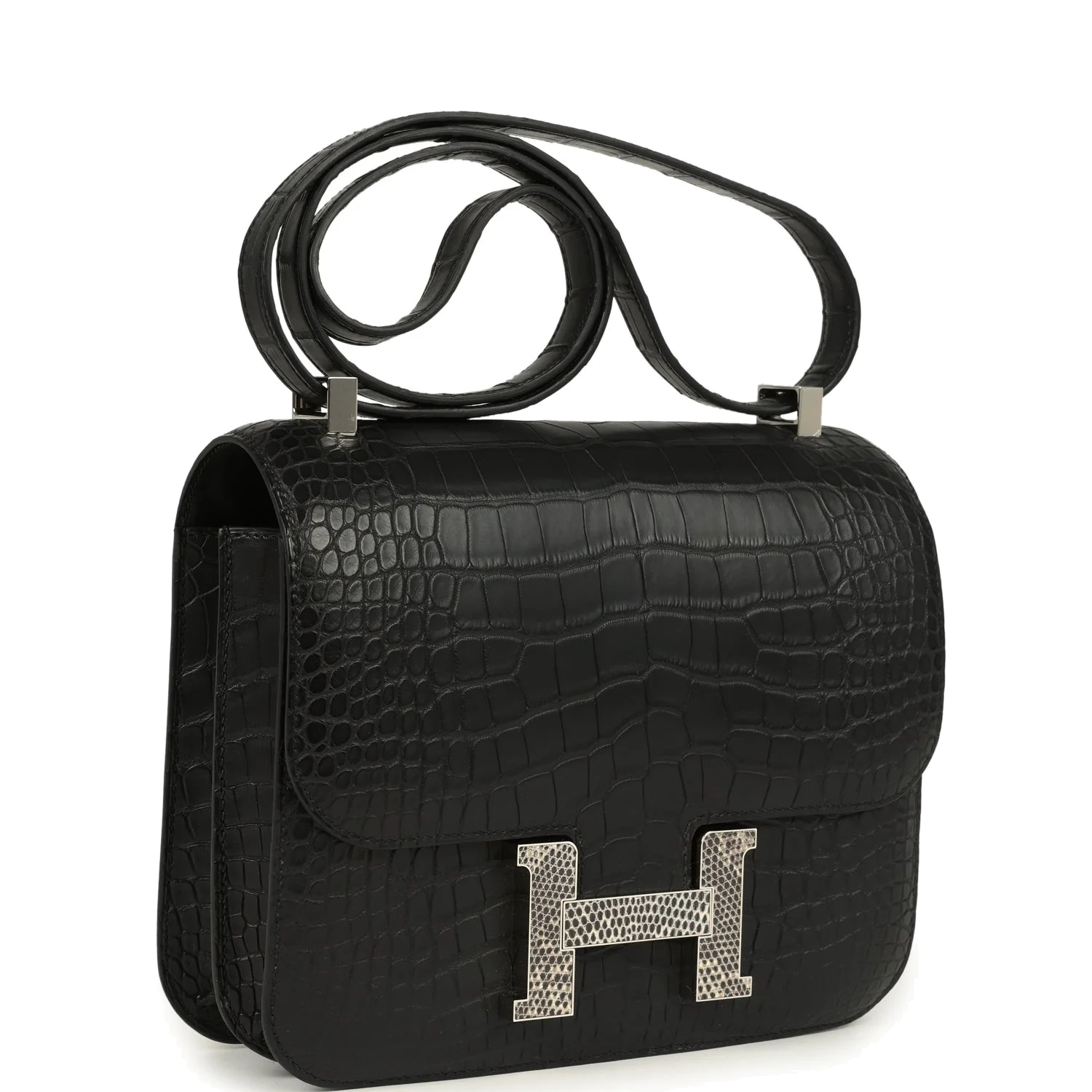 Hermes Constance 24 Black Matte Alligator and Ombre Lizard Marquette Palladium Hardware Черный матовый — фото 3