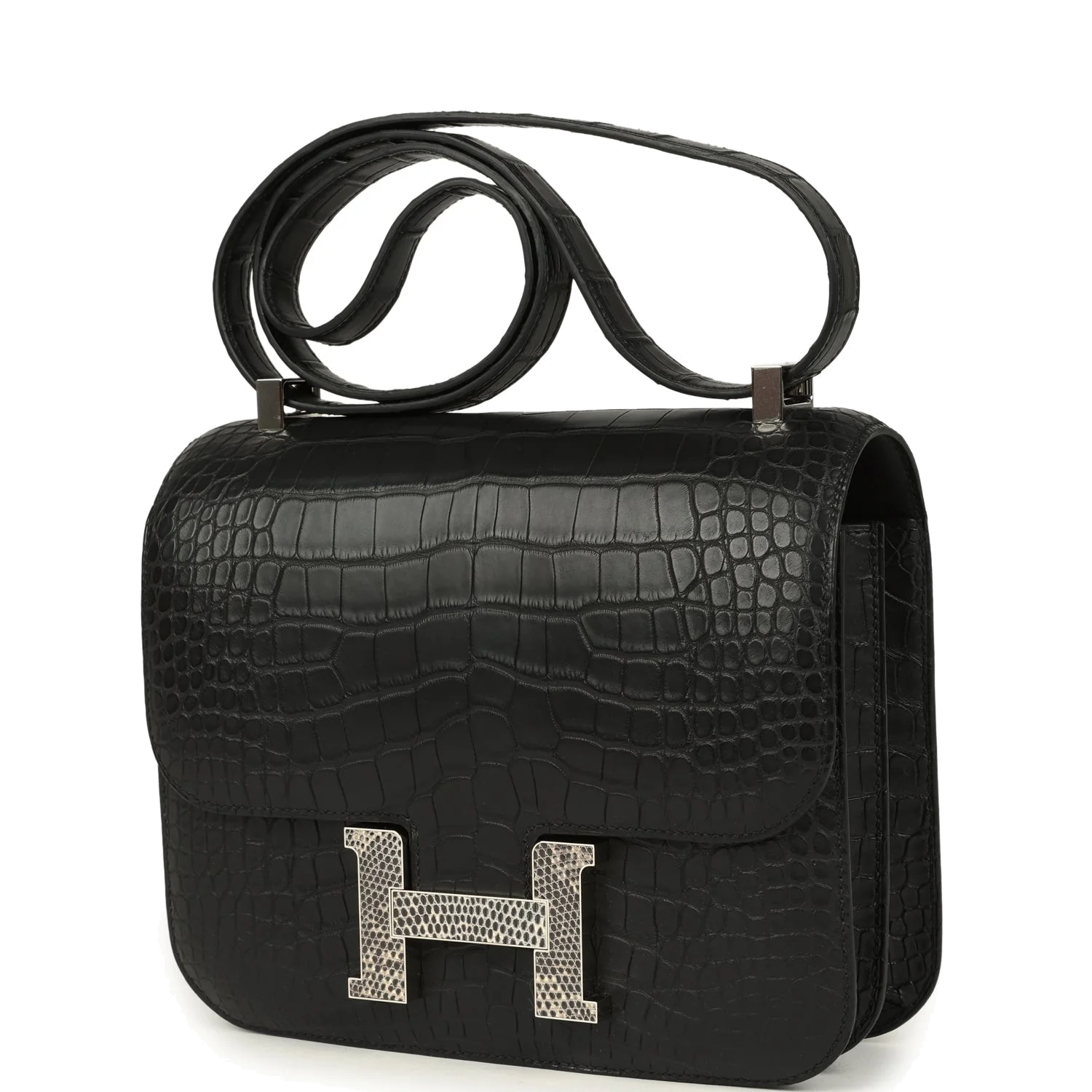 Hermes Constance 24 Black Matte Alligator and Ombre Lizard Marquette Palladium Hardware Черный матовый — фото 6