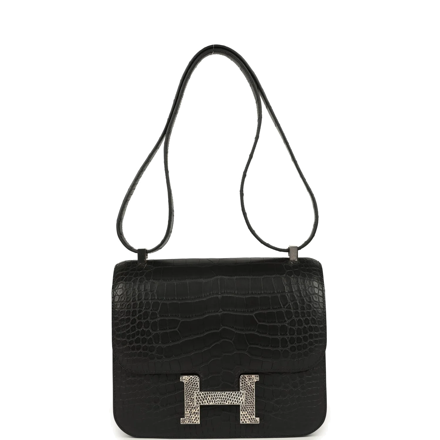 Hermes Constance 24 Black Matte Alligator and Ombre Lizard Marquette Palladium Hardware Черный матовый — фото 8