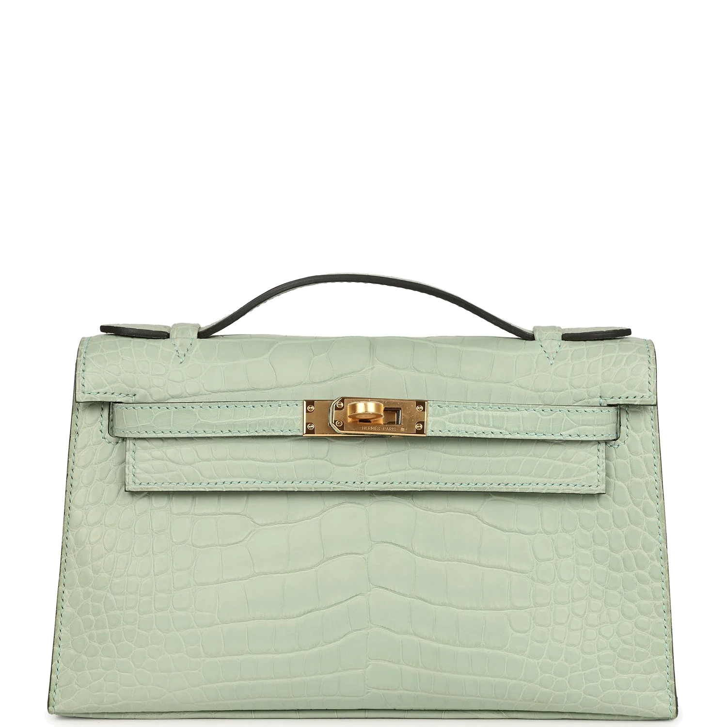 Hermes Kelly Pochette Vert D' Eau Matte Alligator Gold Hardware