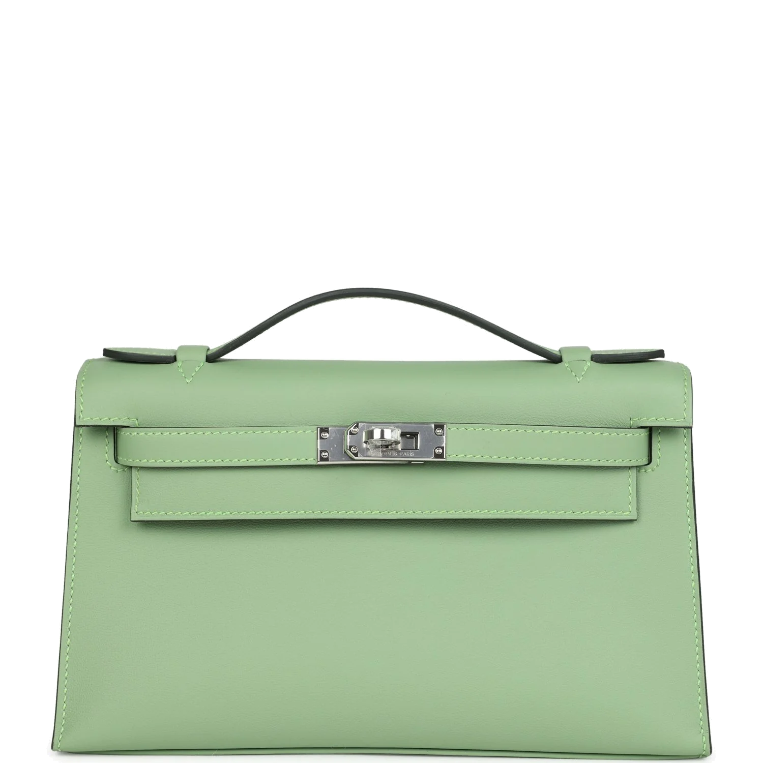 Hermes Kelly Pochette Vert Criquet Swift Palladium Hardware