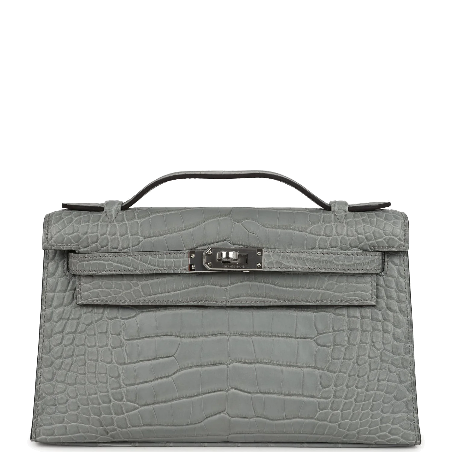 Hermes Kelly Pochette Gris Ciment Matte Alligator Palladium Hardware — фото 2