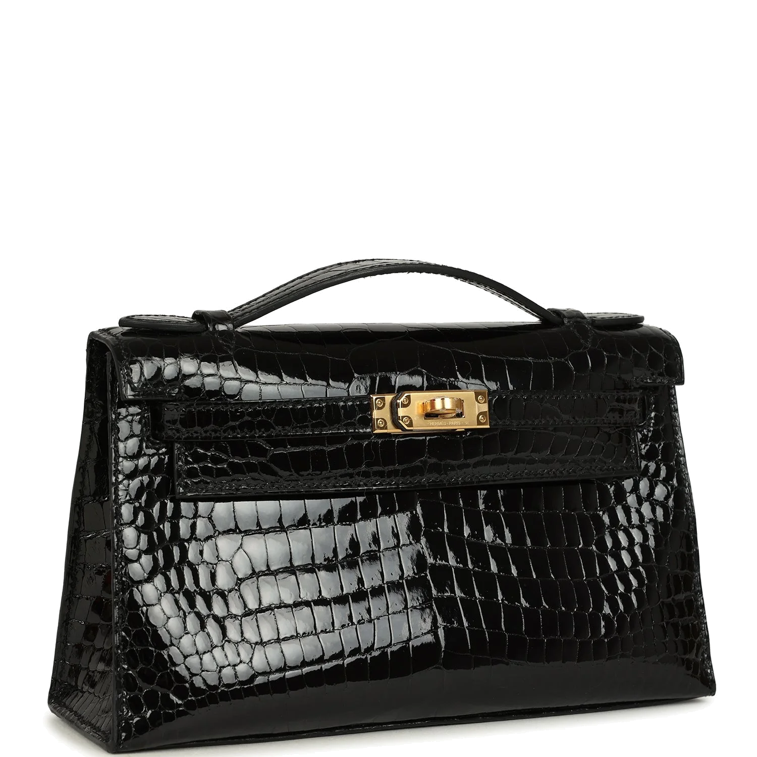 Hermes Kelly Pochette Black Shiny Porosus Crocodile Gold Hardware — фото 3