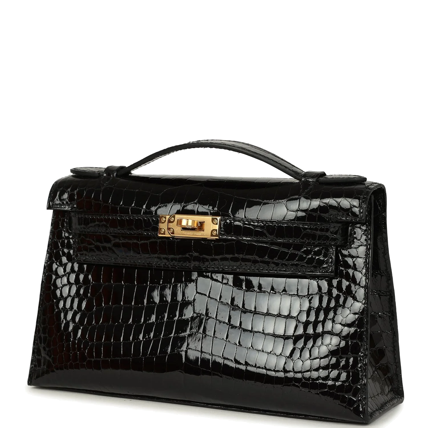 Hermes Kelly Pochette Black Shiny Porosus Crocodile Gold Hardware — фото 6