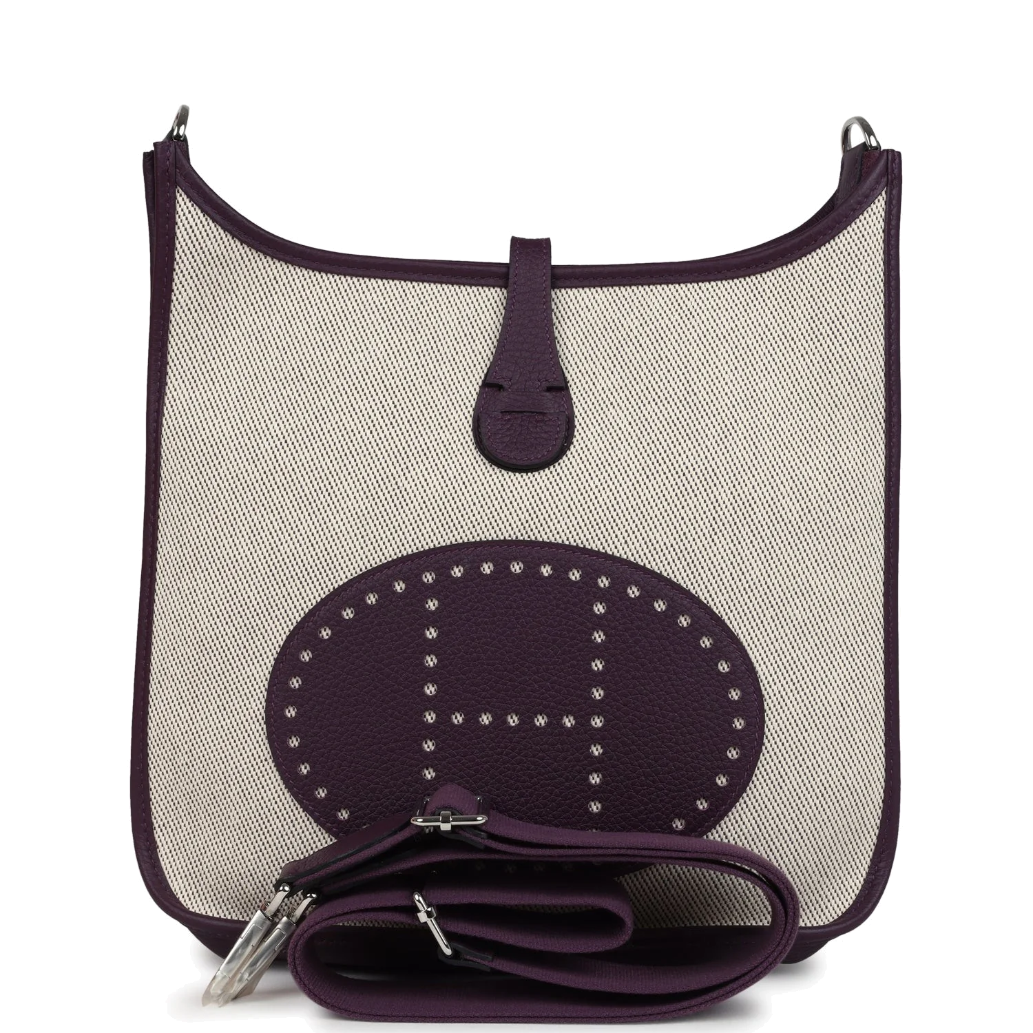Hermes Evelyne III PM Cassis Clemence and Ecru Toile H Palladium Hardware