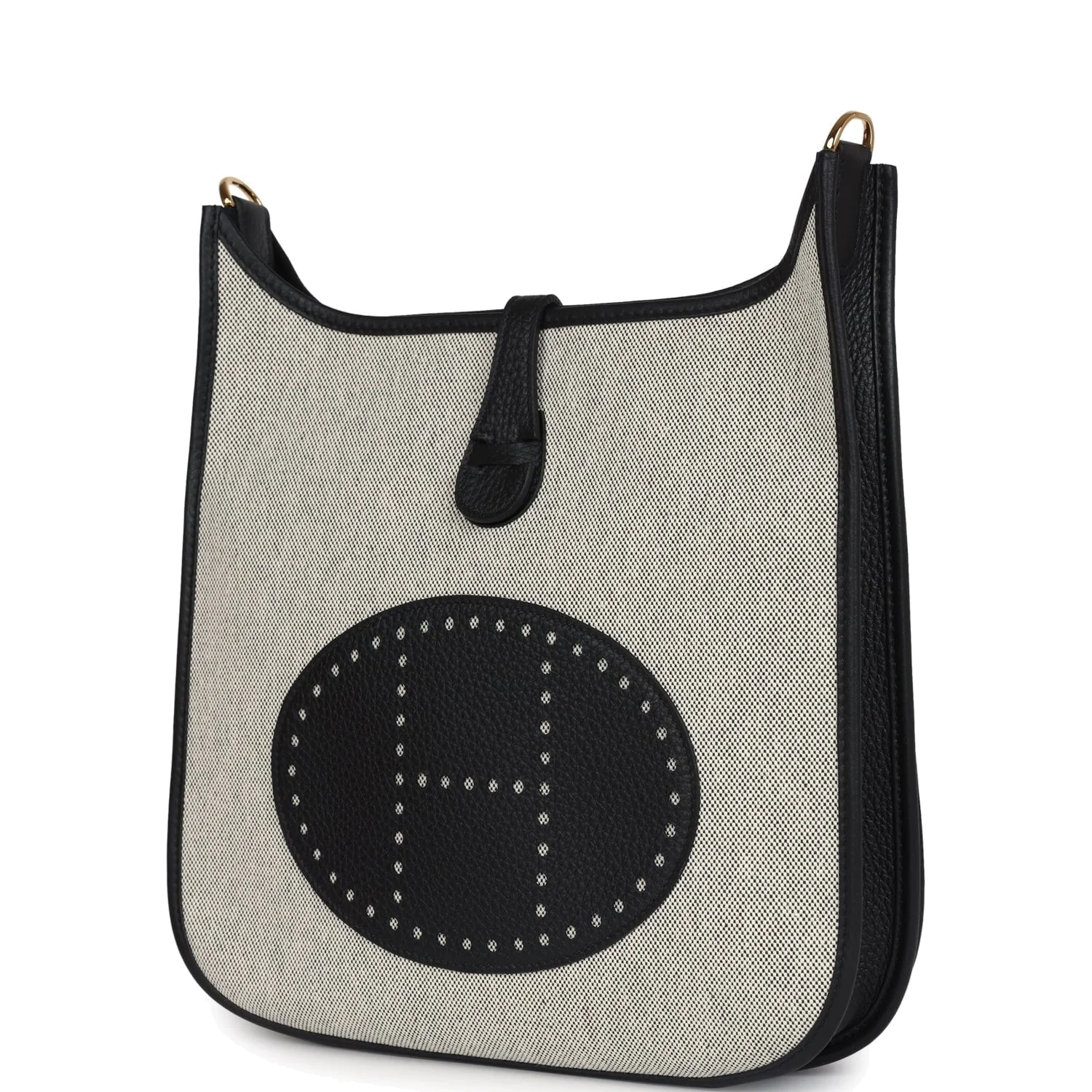 Hermes Evelyne III PM Black Clemence and Ecru Toile Gold Hardware — фото 6