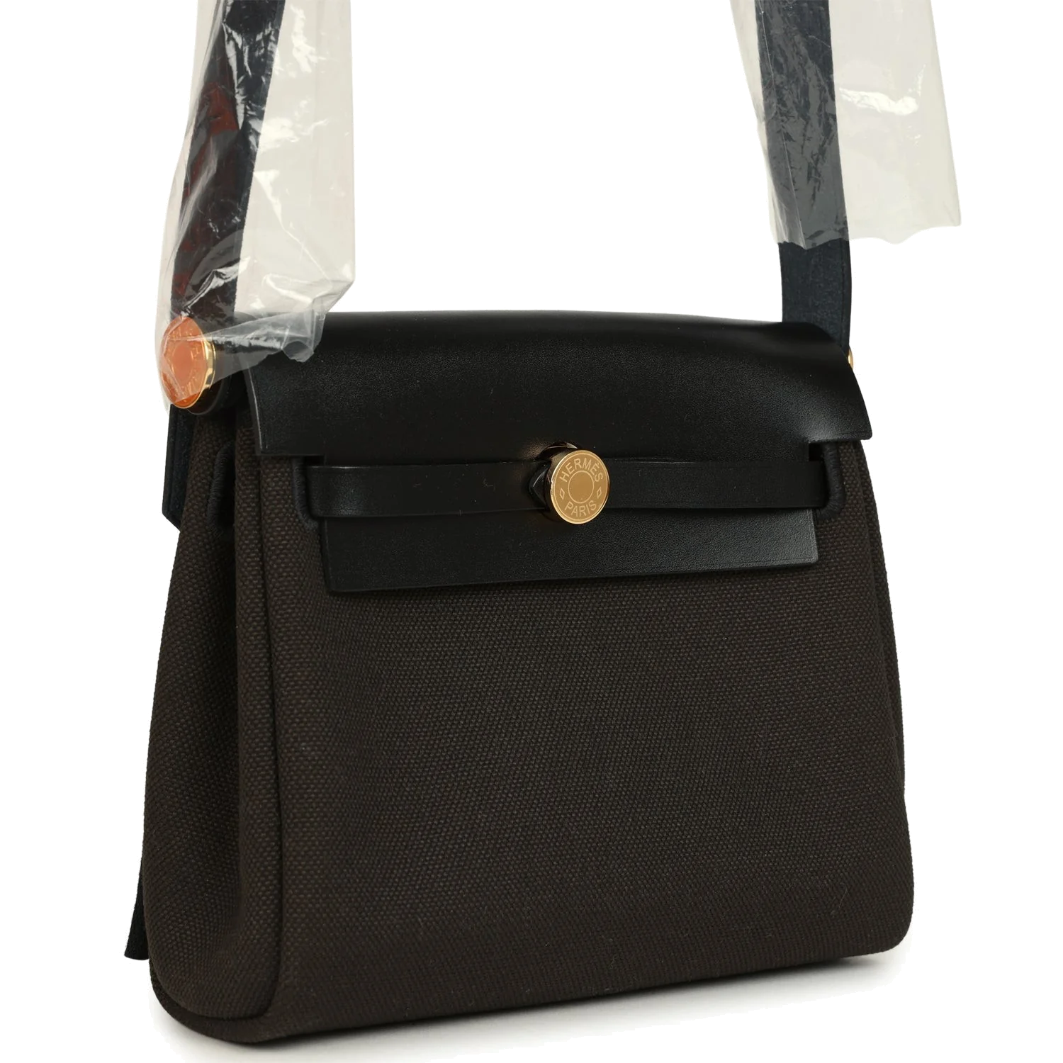 Hermes Herbag Zip 20 Mini Dark Bronze Toile Militaire Canvas and Black Vache Hunter Gold Hardware — фото 3