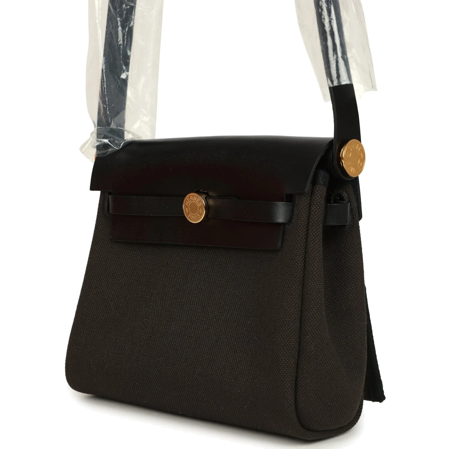 Hermes Herbag Zip 20 Mini Dark Bronze Toile Militaire Canvas and Black Vache Hunter Gold Hardware — фото 4