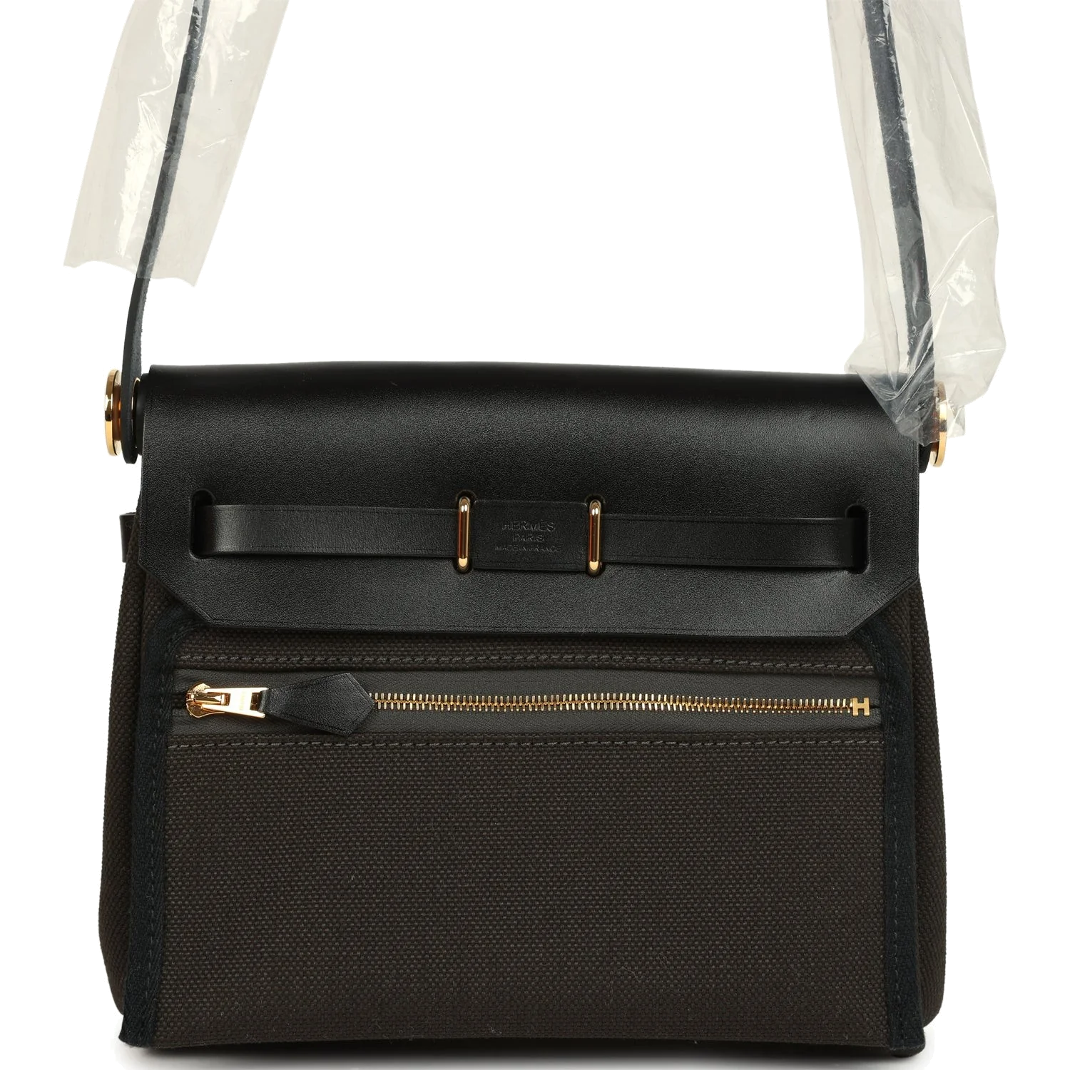Hermes Herbag Zip 20 Mini Dark Bronze Toile Militaire Canvas and Black Vache Hunter Gold Hardware — фото 7