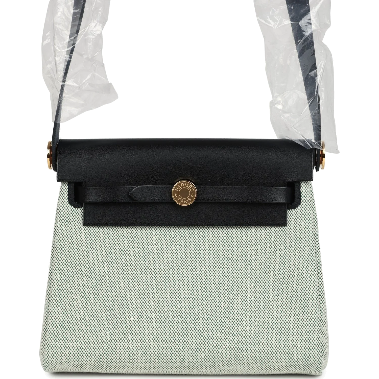 Hermes Herbag Zip 20 Mini Ecru and Vert Moyen Toile H Canvas and Black Vache Hunter Gold Hardware — фото 2