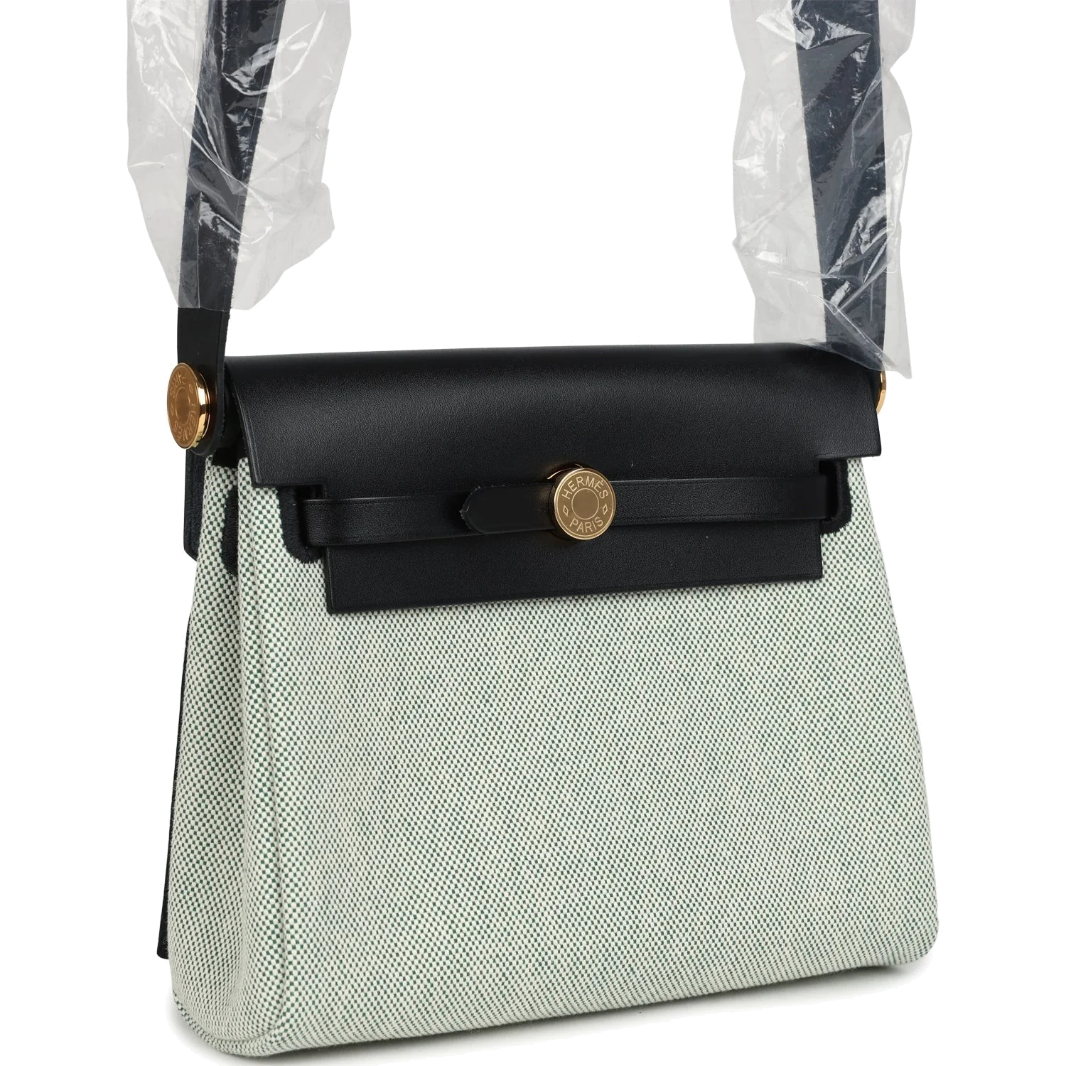 Hermes Herbag Zip 20 Mini Ecru and Vert Moyen Toile H Canvas and Black Vache Hunter Gold Hardware — фото 3