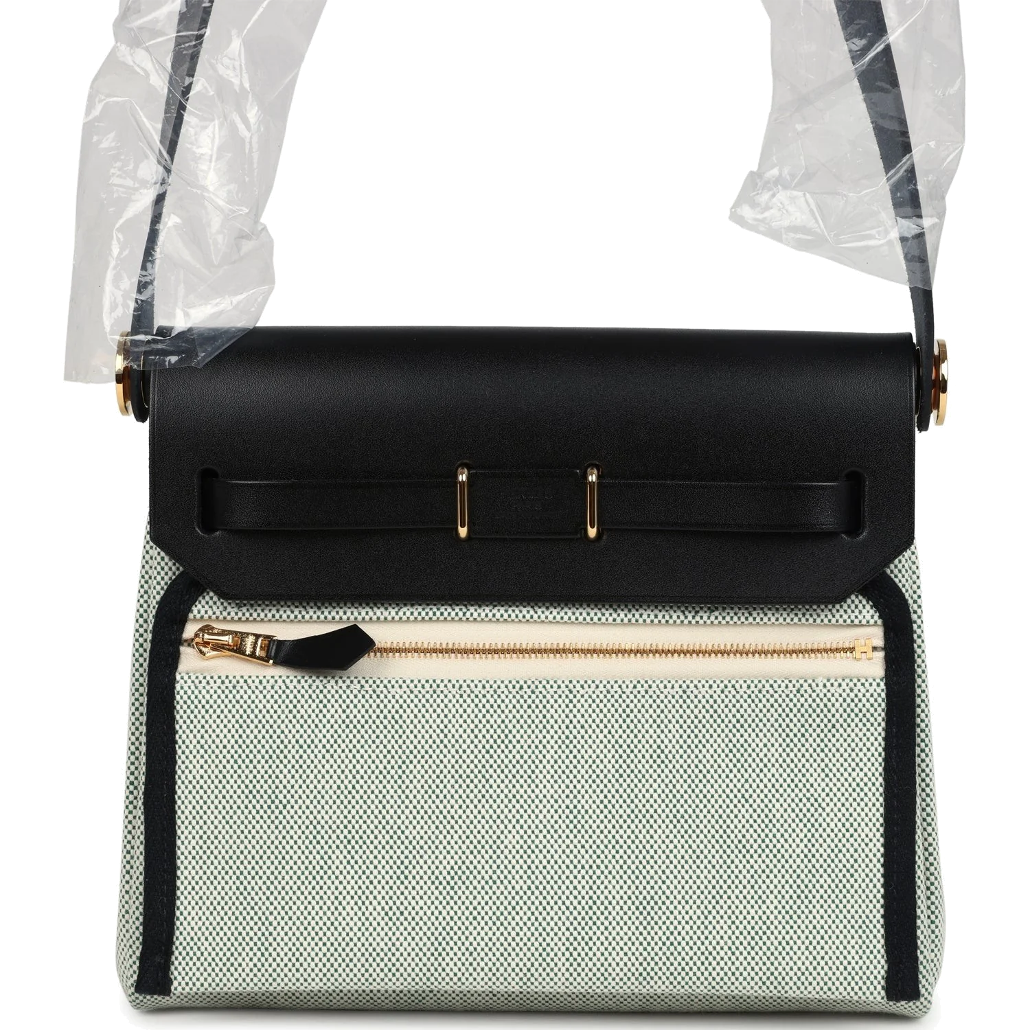 Hermes Herbag Zip 20 Mini Ecru and Vert Moyen Toile H Canvas and Black Vache Hunter Gold Hardware — фото 5