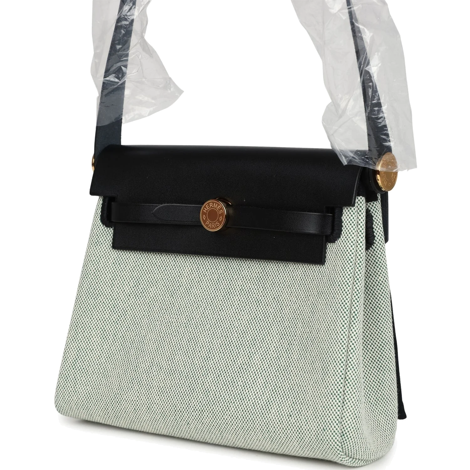 Hermes Herbag Zip 20 Mini Ecru and Vert Moyen Toile H Canvas and Black Vache Hunter Gold Hardware — фото 6