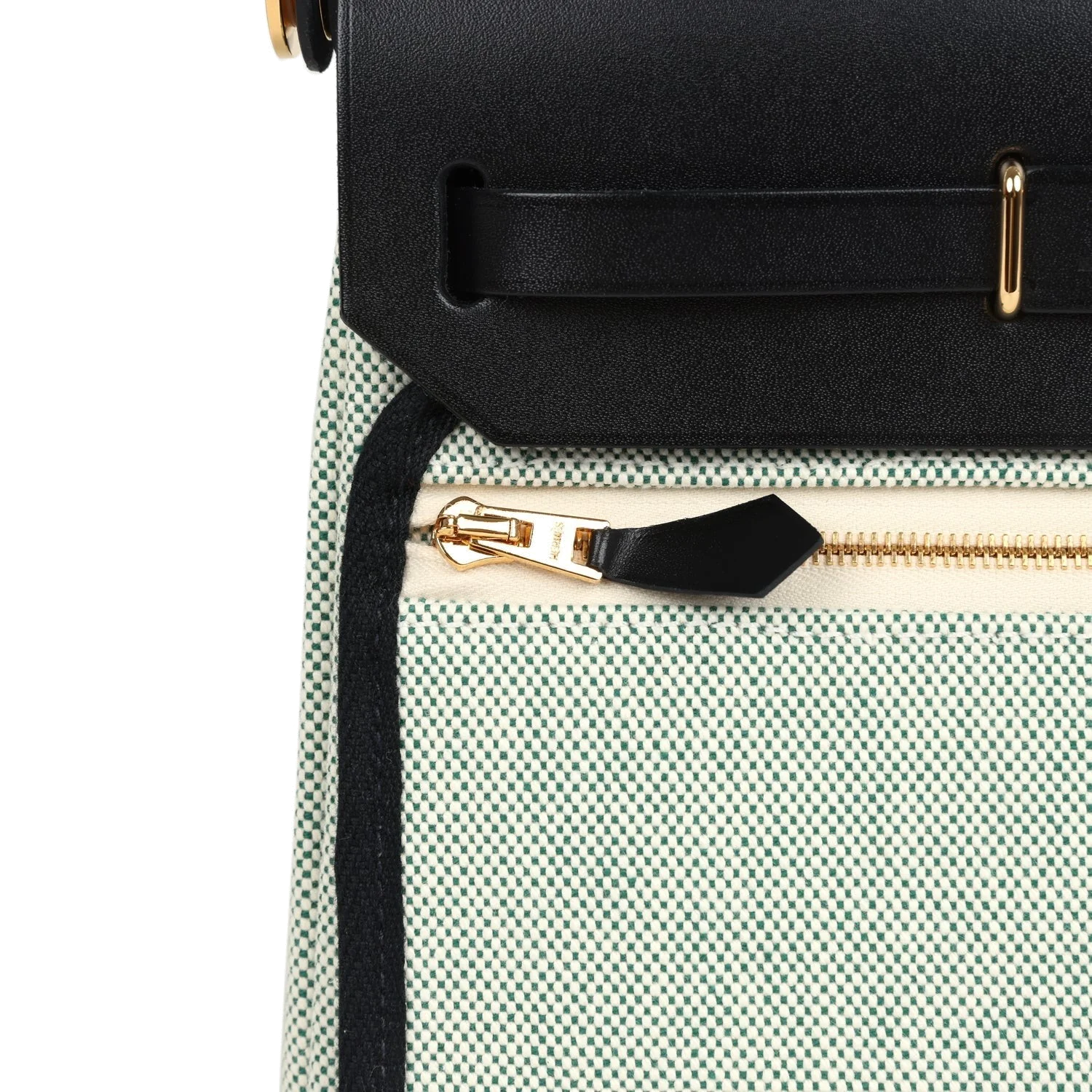 Hermes Herbag Zip 20 Mini Ecru and Vert Moyen Toile H Canvas and Black Vache Hunter Gold Hardware — фото 8