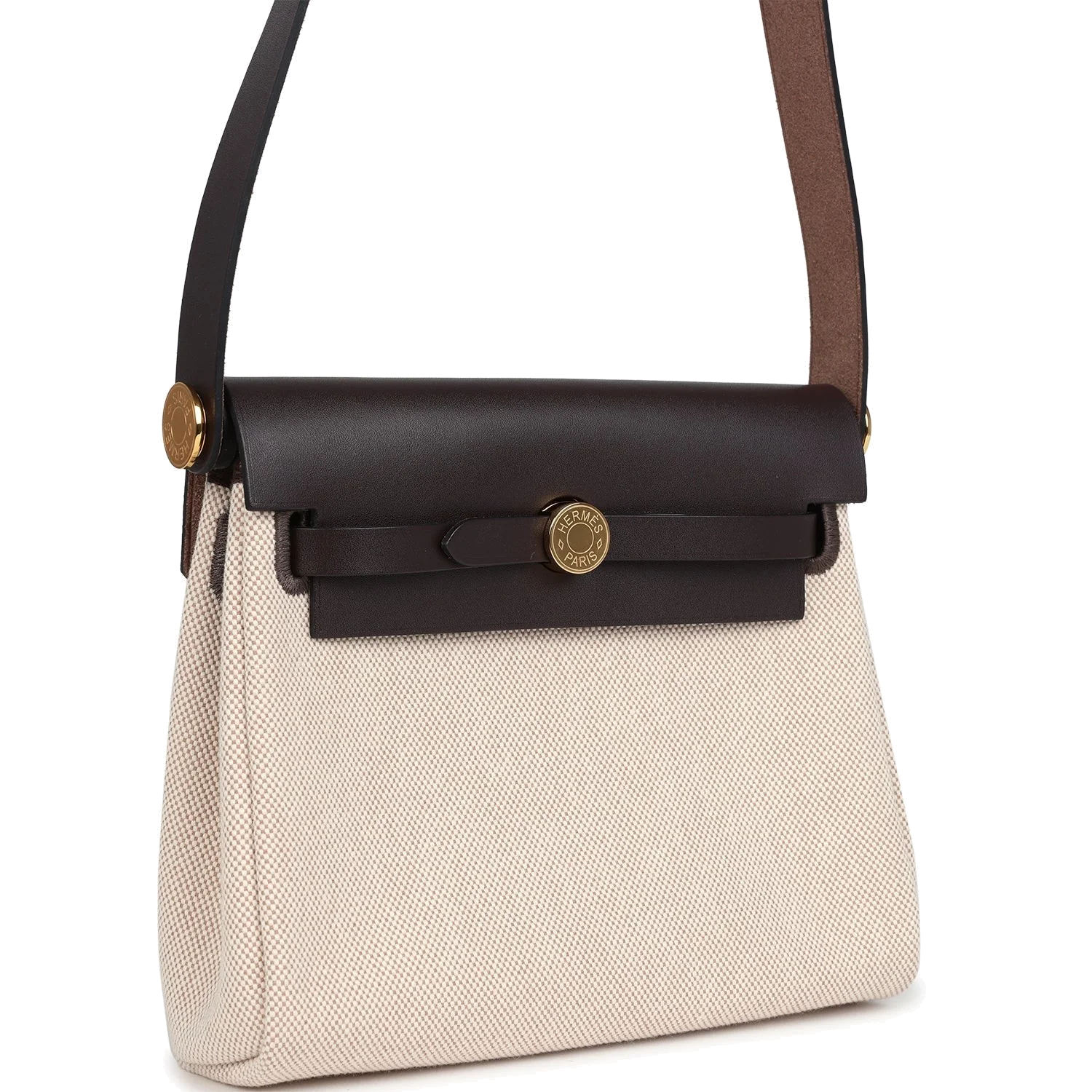 Hermes Herbag Zip 20 Mini Ecru and Beige Toile H Canvas and Ebene Vache Hunter Gold Hardware — фото 3