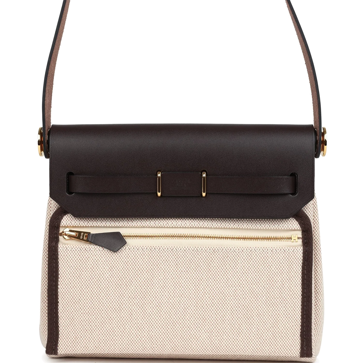 Hermes Herbag Zip 20 Mini Ecru and Beige Toile H Canvas and Ebene Vache Hunter Gold Hardware — фото 5