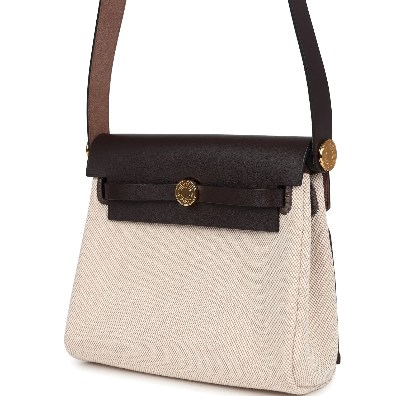 Hermes Herbag Zip 20 Mini Ecru and Beige Toile H Canvas and Ebene Vache Hunter Gold Hardware — фото 6