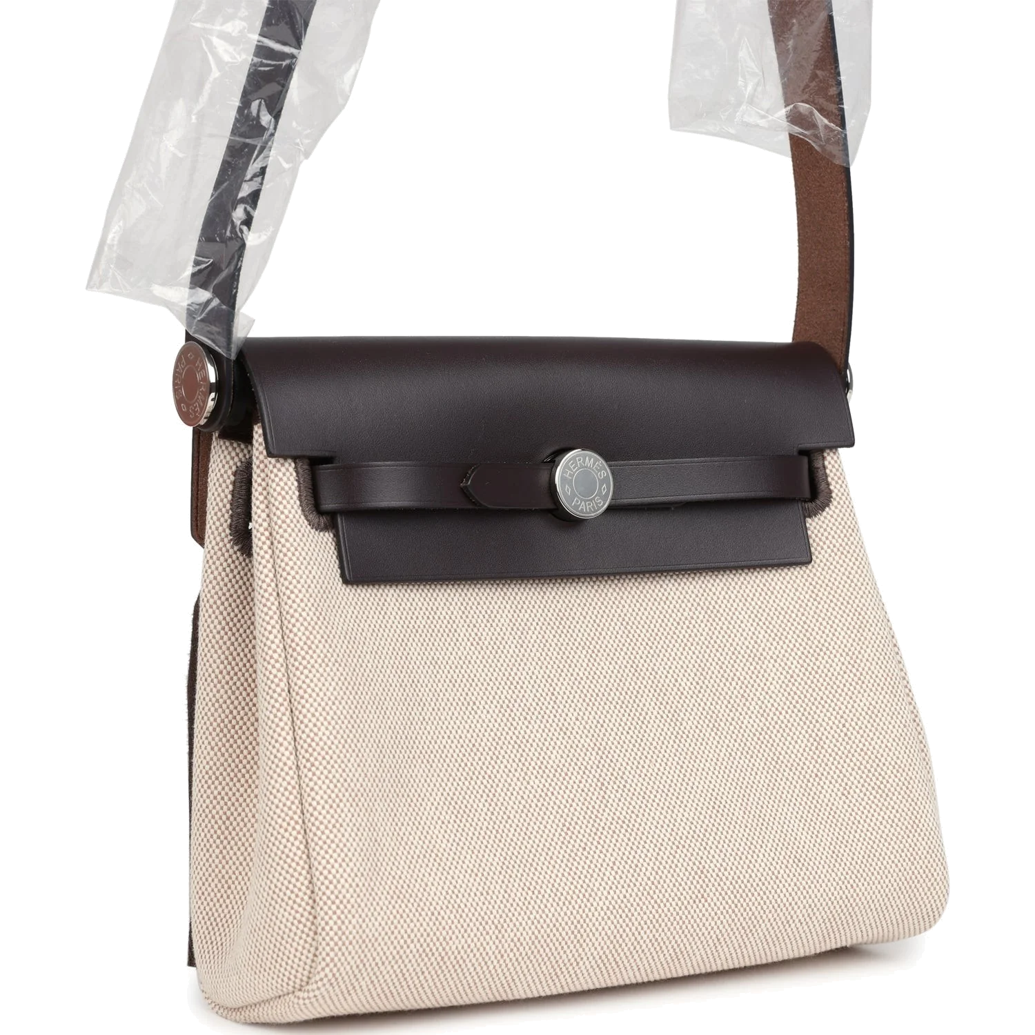 Hermes Herbag Zip 20 Mini Ecru and Beige Toile H Canvas and Ebene Vache Hunter Palladium Hardware — фото 3