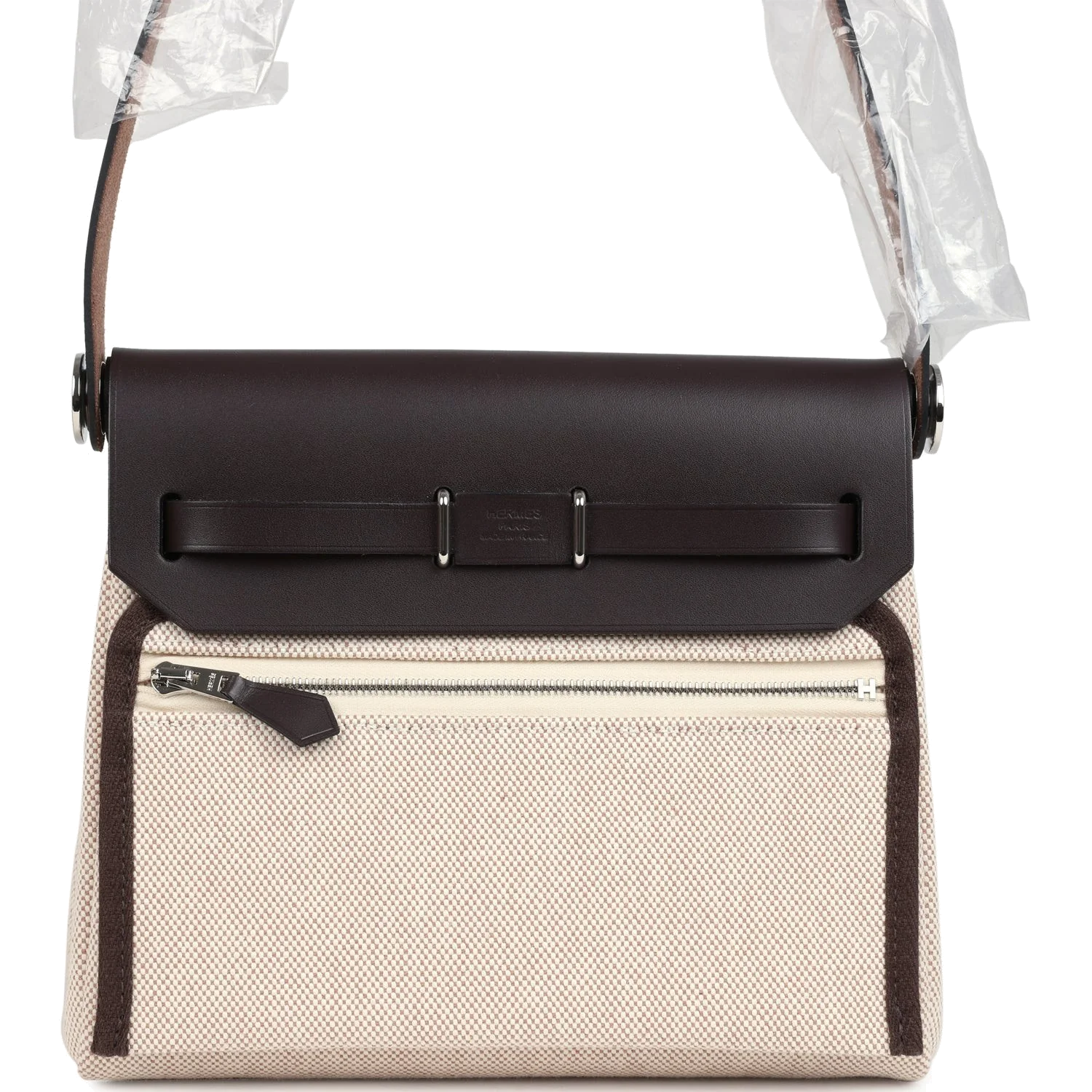 Hermes Herbag Zip 20 Mini Ecru and Beige Toile H Canvas and Ebene Vache Hunter Palladium Hardware — фото 5