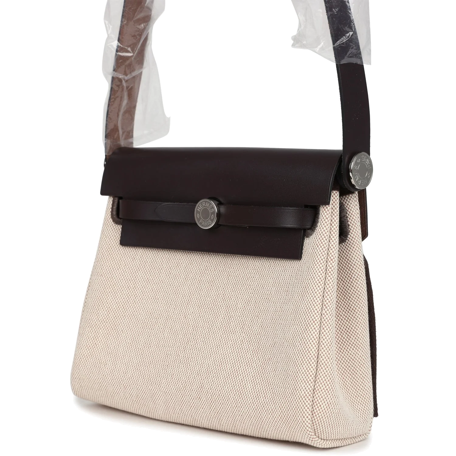 Hermes Herbag Zip 20 Mini Ecru and Beige Toile H Canvas and Ebene Vache Hunter Palladium Hardware — фото 6