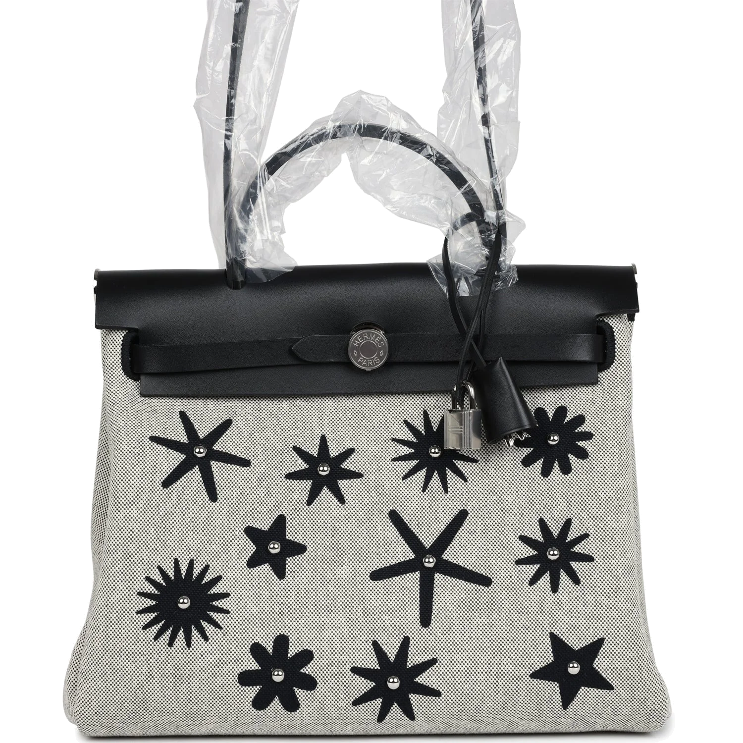 Hermes Herbag Zip 31 PM Hobnailed Black and Ecru Printed H Plume Canvas and Vache Hunter Palladium Hardware