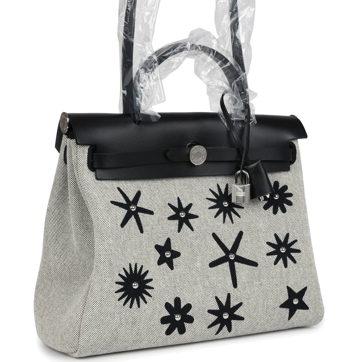 Hermes Herbag Zip 31 PM Hobnailed Black and Ecru Printed H Plume Canvas and Vache Hunter Palladium Hardware — фото 3