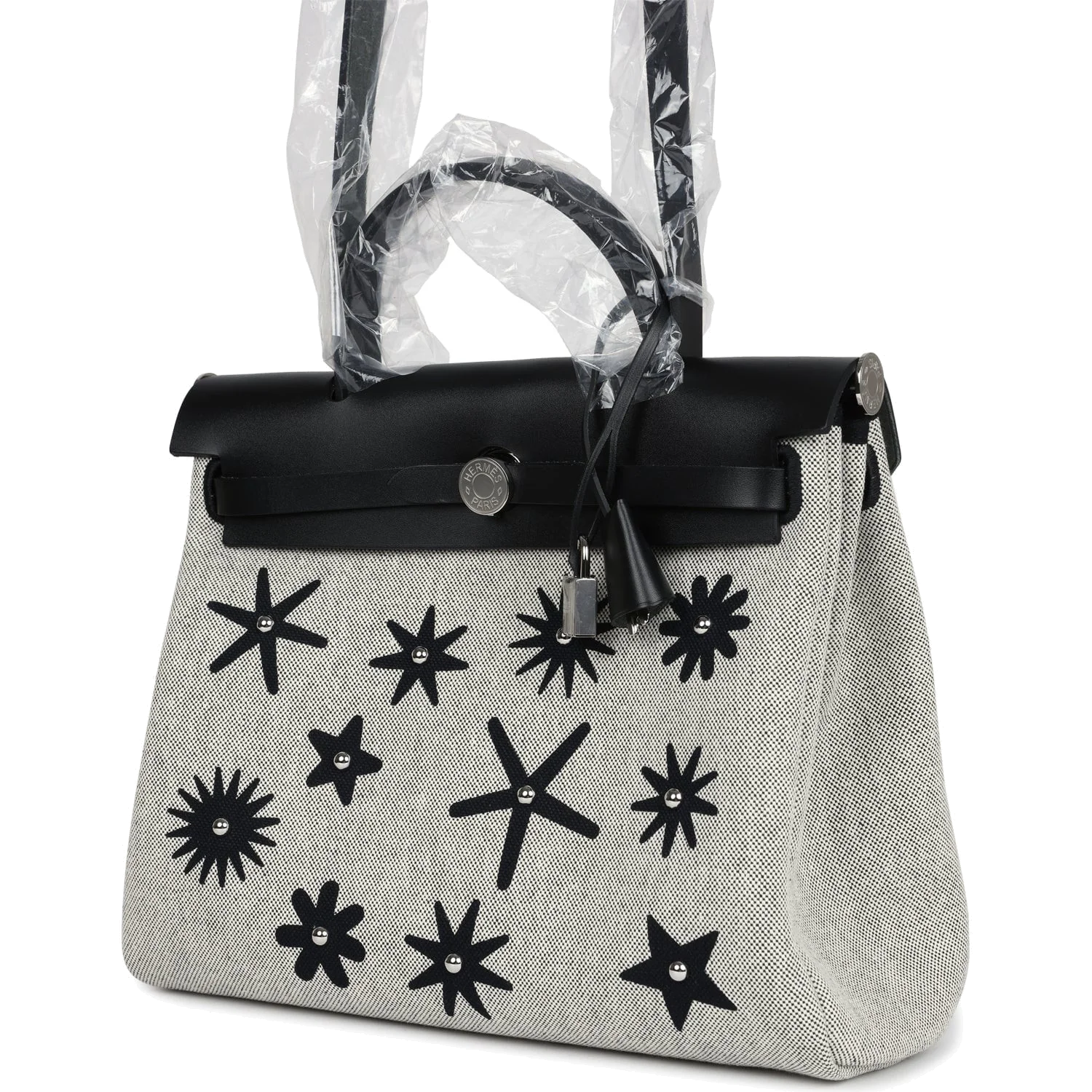 Hermes Herbag Zip 31 PM Hobnailed Black and Ecru Printed H Plume Canvas and Vache Hunter Palladium Hardware — фото 6