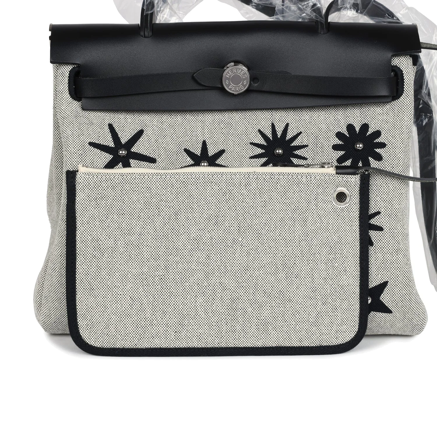 Hermes Herbag Zip 31 PM Hobnailed Black and Ecru Printed H Plume Canvas and Vache Hunter Palladium Hardware — фото 8