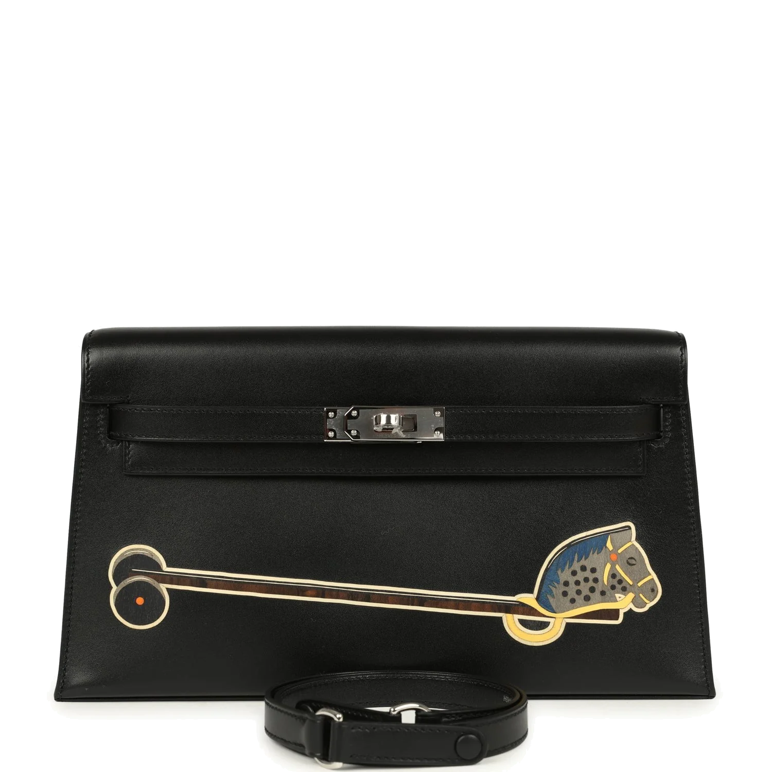 Hermes Kelly Elan "Cheval De Bois" Black and Multi Tadelakt Palladium Hardware — фото 2