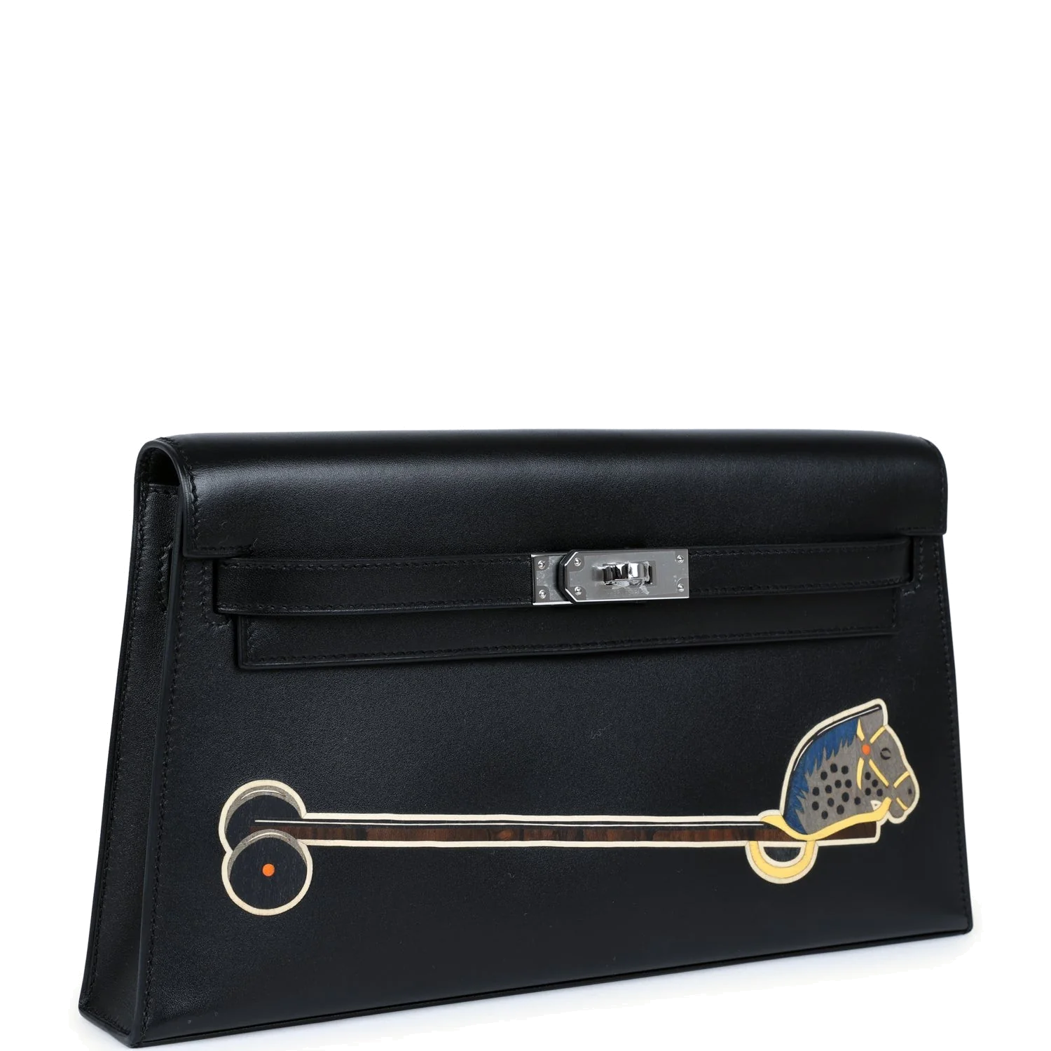 Hermes Kelly Elan "Cheval De Bois" Black and Multi Tadelakt Palladium Hardware — фото 3