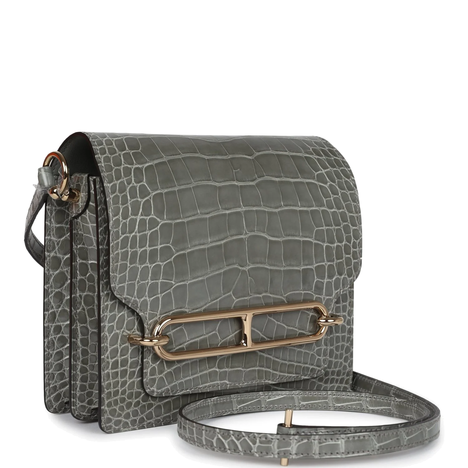 Hermes Mini Roulis Gris Ciment Shiny Alligator Permabrass Hardware — фото 3