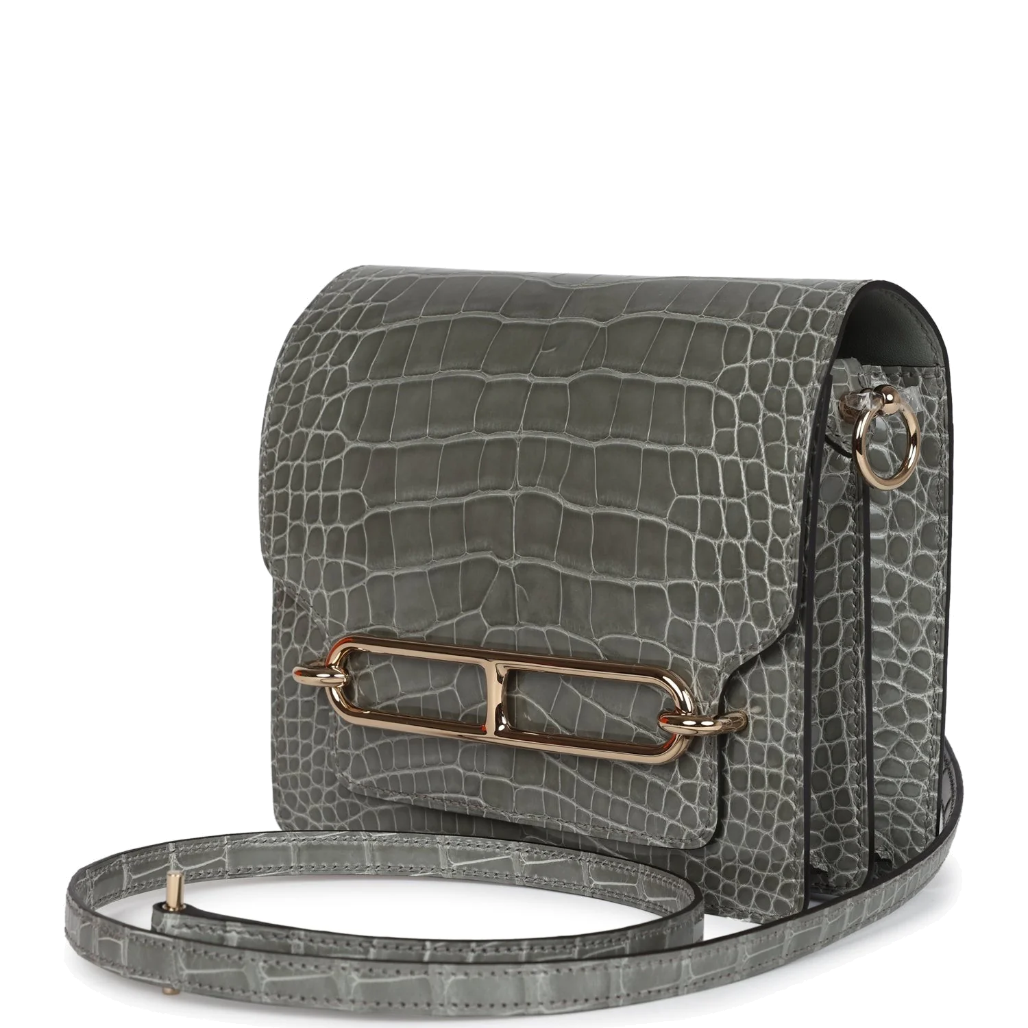 Hermes Mini Roulis Gris Ciment Shiny Alligator Permabrass Hardware — фото 6