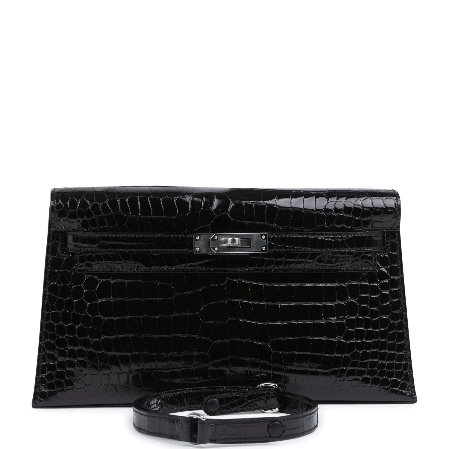 Hermes Kelly Elan Black Shiny Porosus Crocodile Palladium Hardware — фото 2