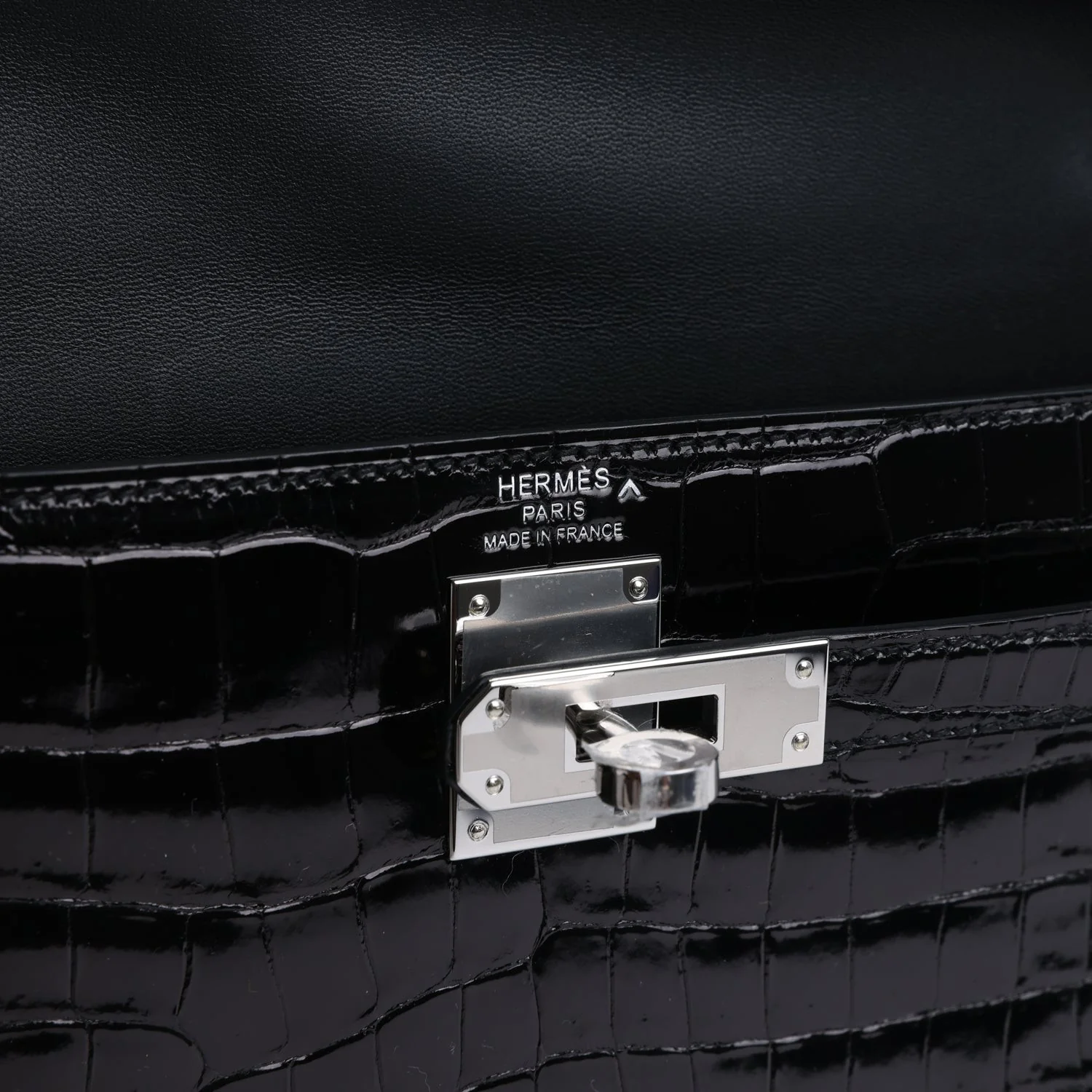 Hermes Kelly Elan Black Shiny Porosus Crocodile Palladium Hardware — фото 8