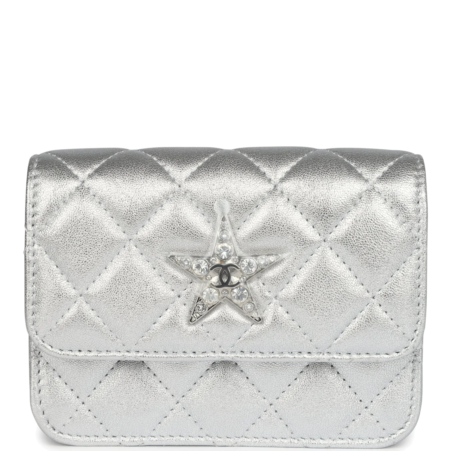 Chanel Crystal CC Walk Of Fame Clutch on Chain Silver Metallic Goatskin — фото 2