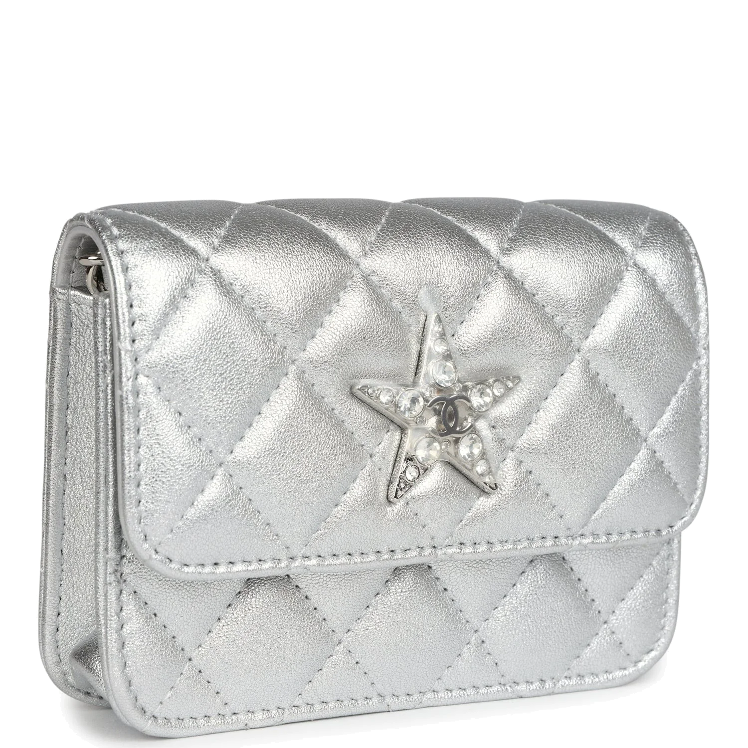 Chanel Crystal CC Walk Of Fame Clutch on Chain Silver Metallic Goatskin — фото 3