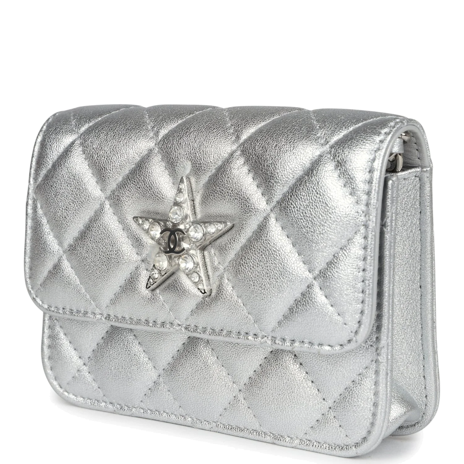 Chanel Crystal CC Walk Of Fame Clutch on Chain Silver Metallic Goatskin — фото 4