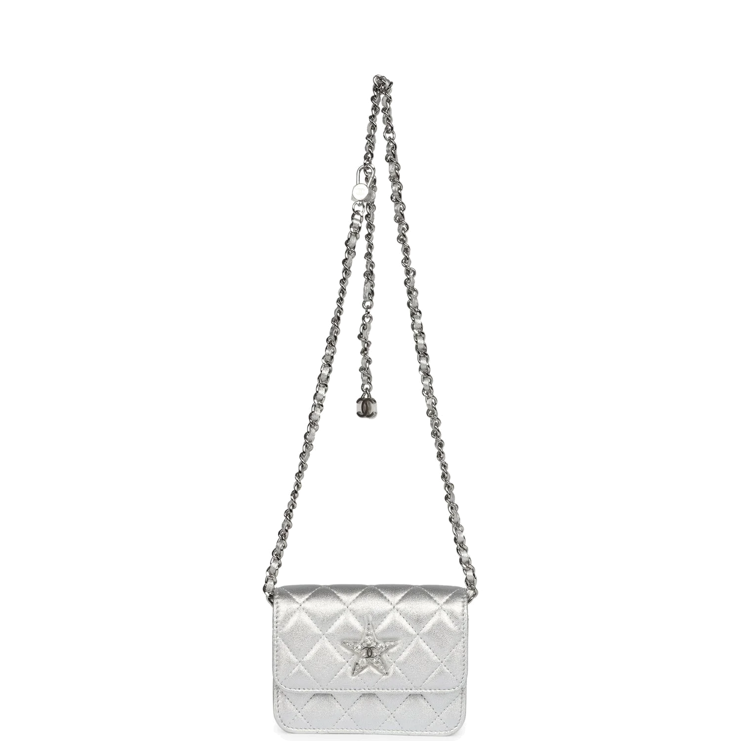 Chanel Crystal CC Walk Of Fame Clutch on Chain Silver Metallic Goatskin — фото 8