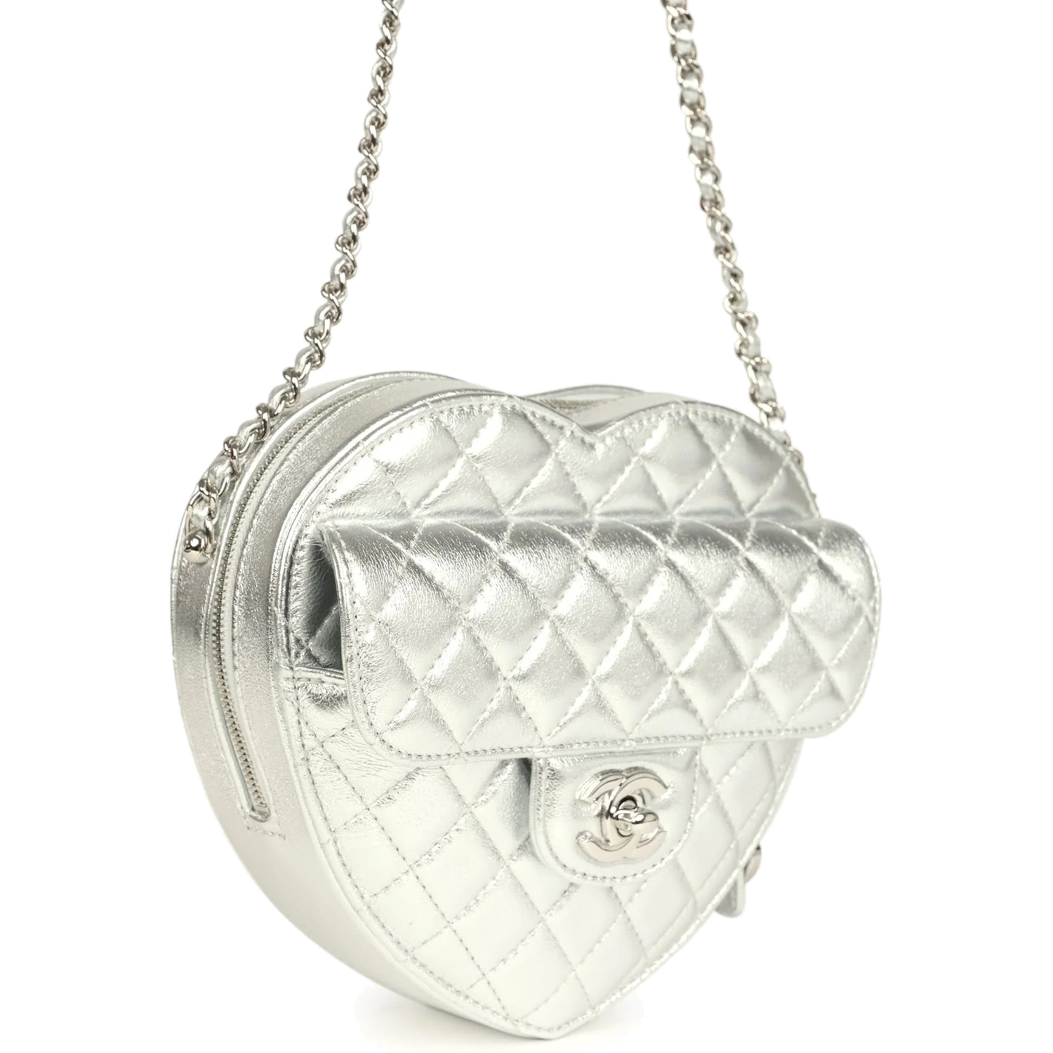 Chanel CC In Love Large Heart Bag with Chain Silver Metallic Lambskin — фото 3