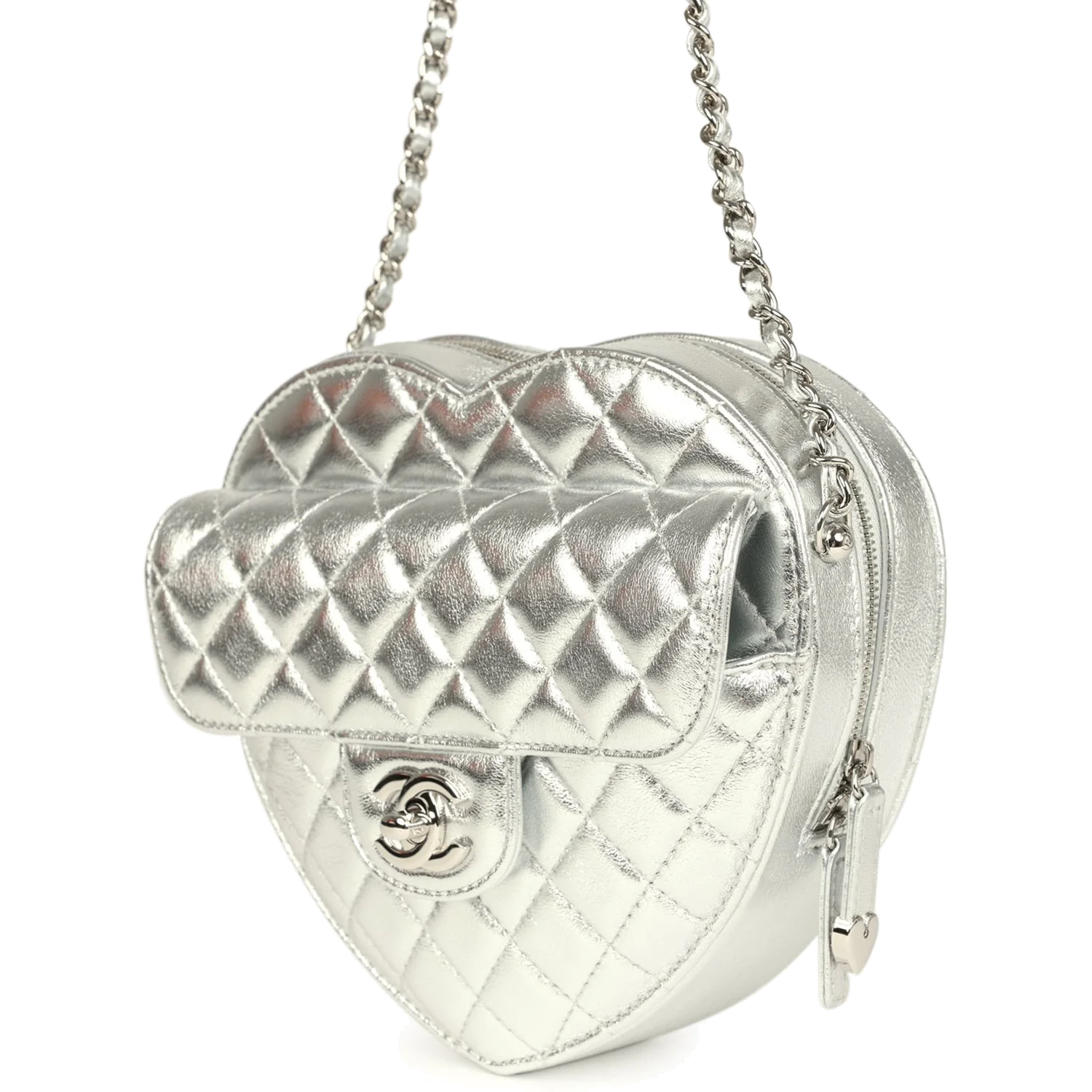 Chanel CC In Love Large Heart Bag with Chain Silver Metallic Lambskin — фото 6