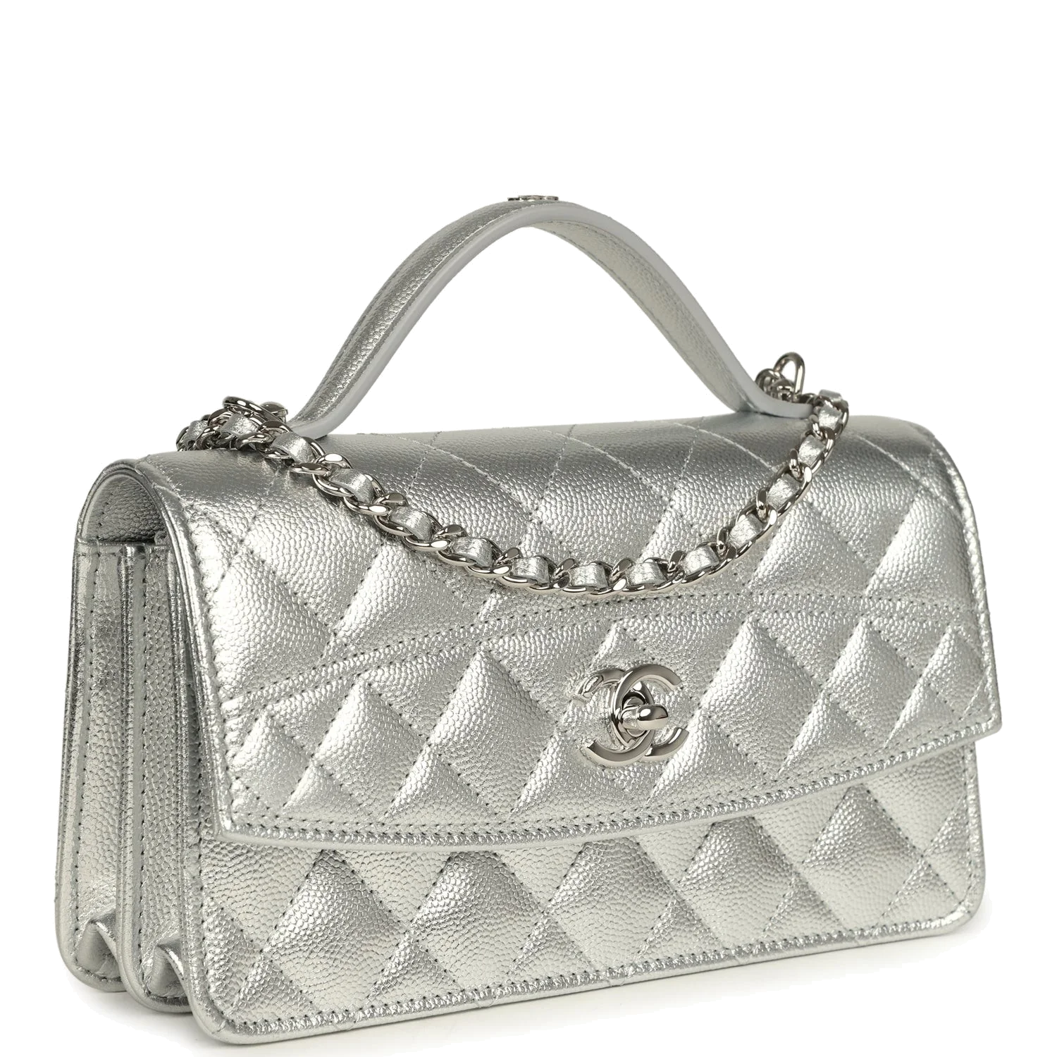 Chanel Top Handle Wallet On Chain WOC Metallic Silver Shiny Caviar — фото 3