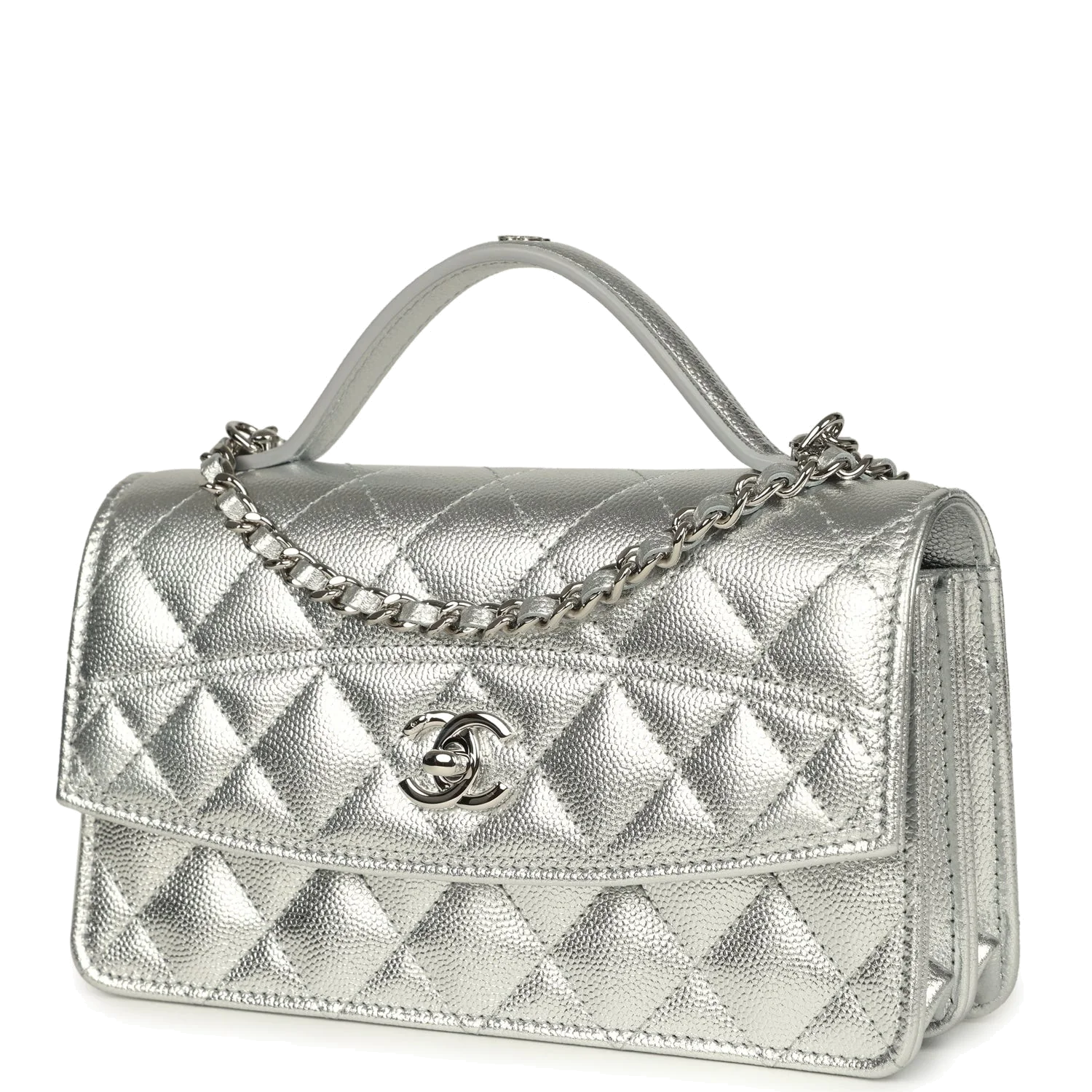 Chanel Top Handle Wallet On Chain WOC Metallic Silver Shiny Caviar — фото 6