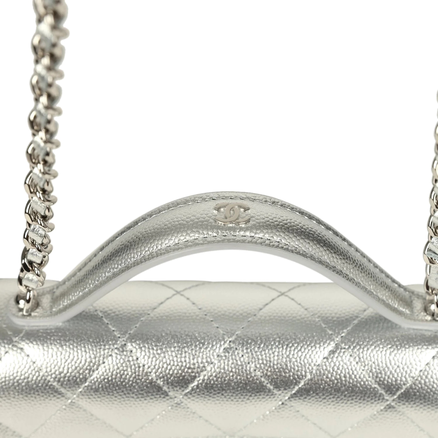 Chanel Top Handle Wallet On Chain WOC Metallic Silver Shiny Caviar — фото 8