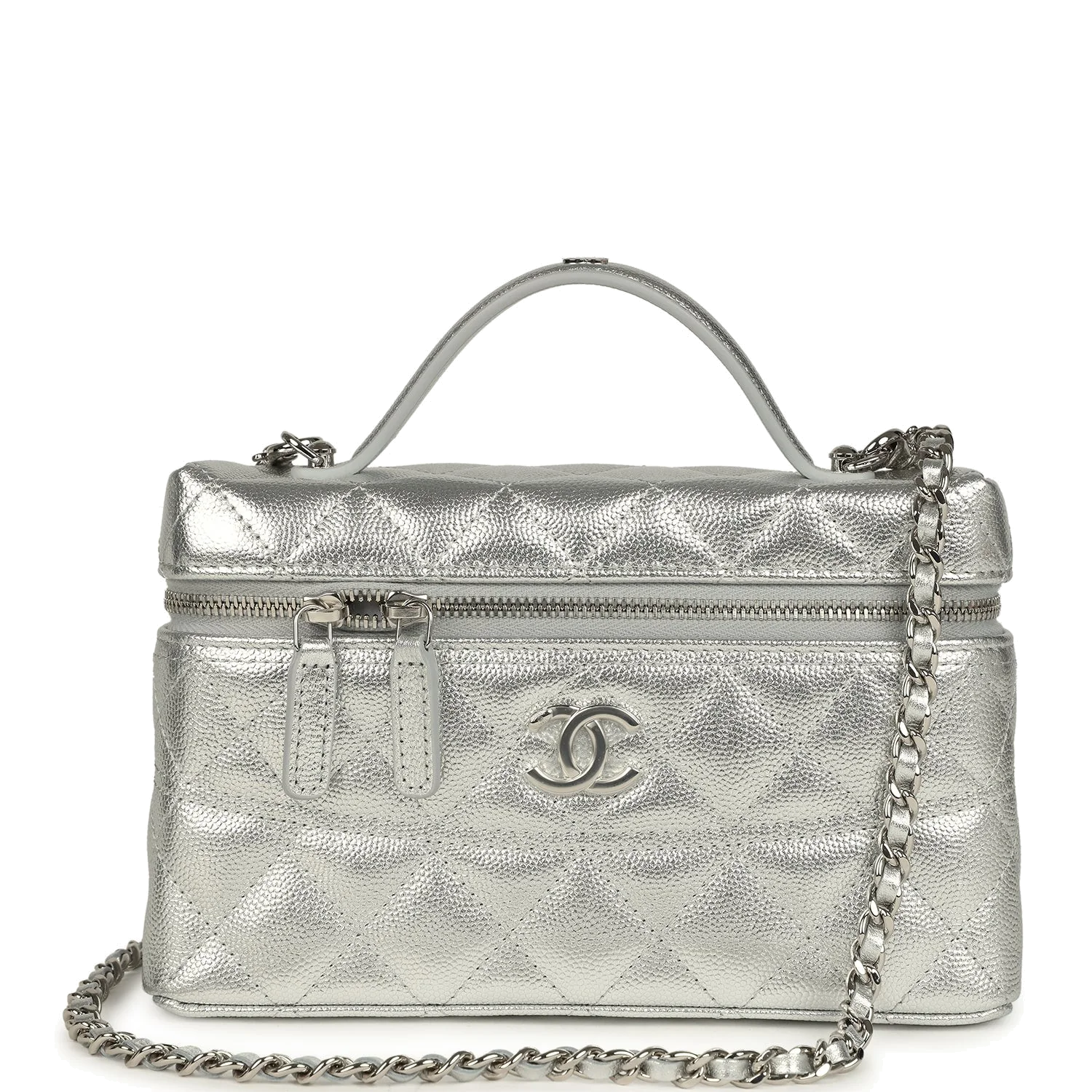 Chanel Top Handle Long Vanity Case with Chain Metallic Silver Shiny Caviar — фото 2