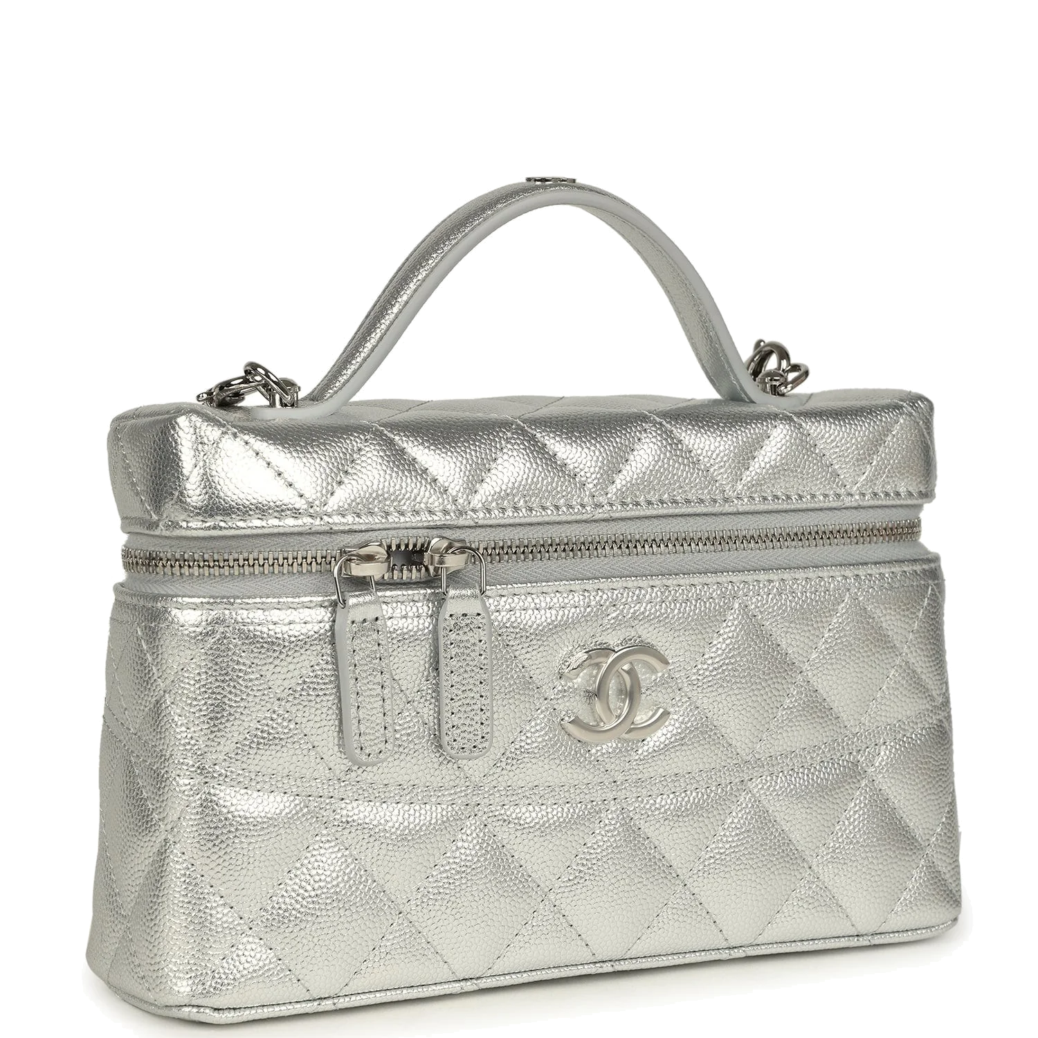 Chanel Top Handle Long Vanity Case with Chain Metallic Silver Shiny Caviar — фото 3