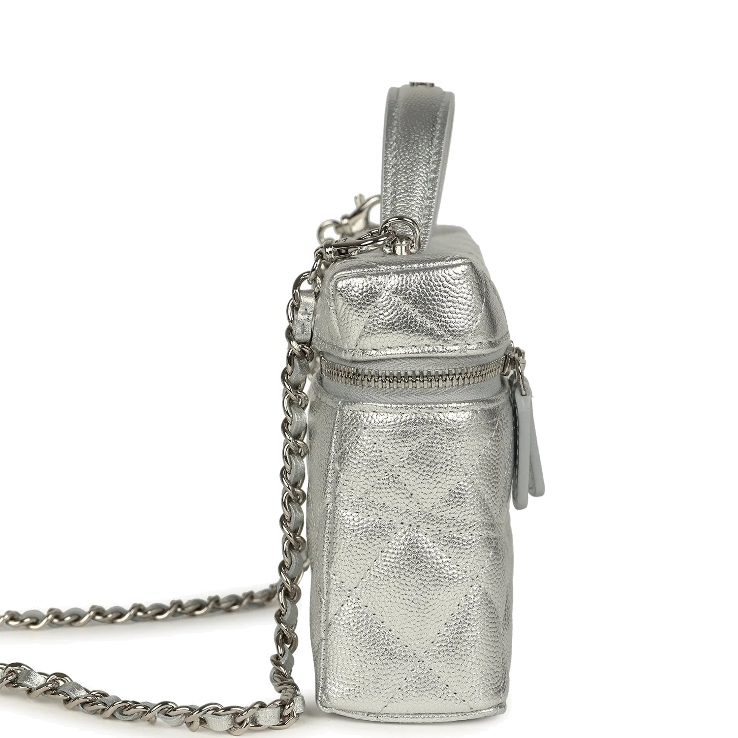 Chanel Top Handle Long Vanity Case with Chain Metallic Silver Shiny Caviar — фото 4
