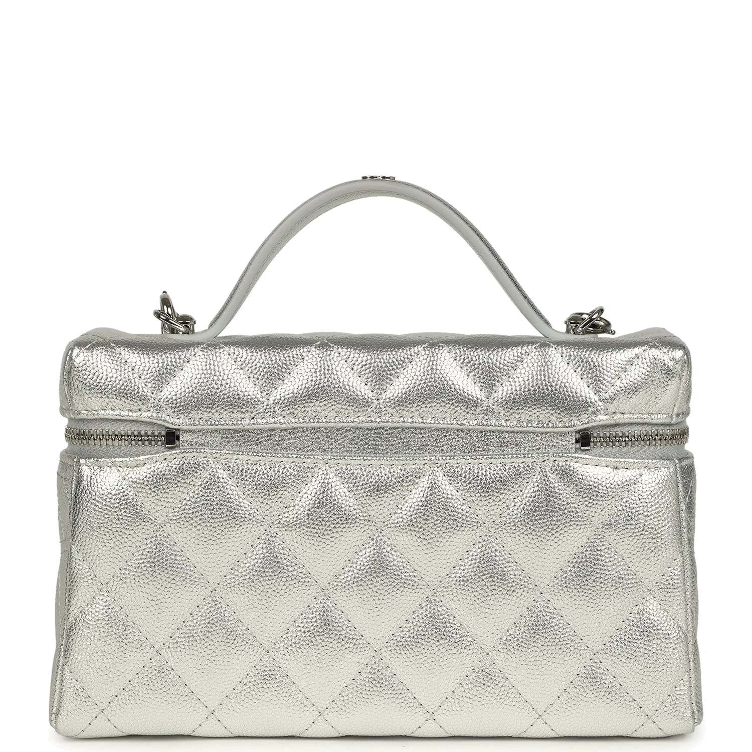 Chanel Top Handle Long Vanity Case with Chain Metallic Silver Shiny Caviar — фото 5