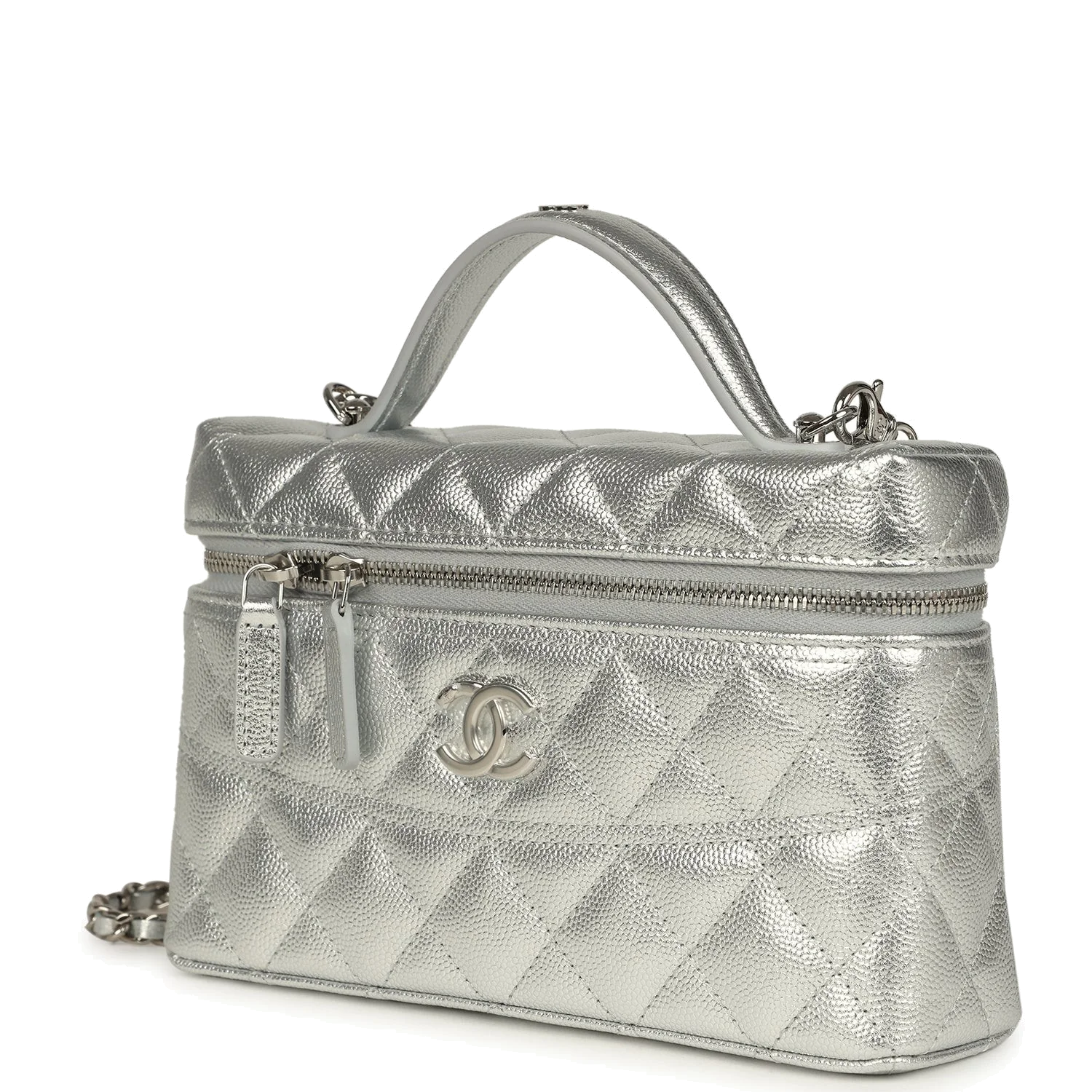 Chanel Top Handle Long Vanity Case with Chain Metallic Silver Shiny Caviar — фото 6