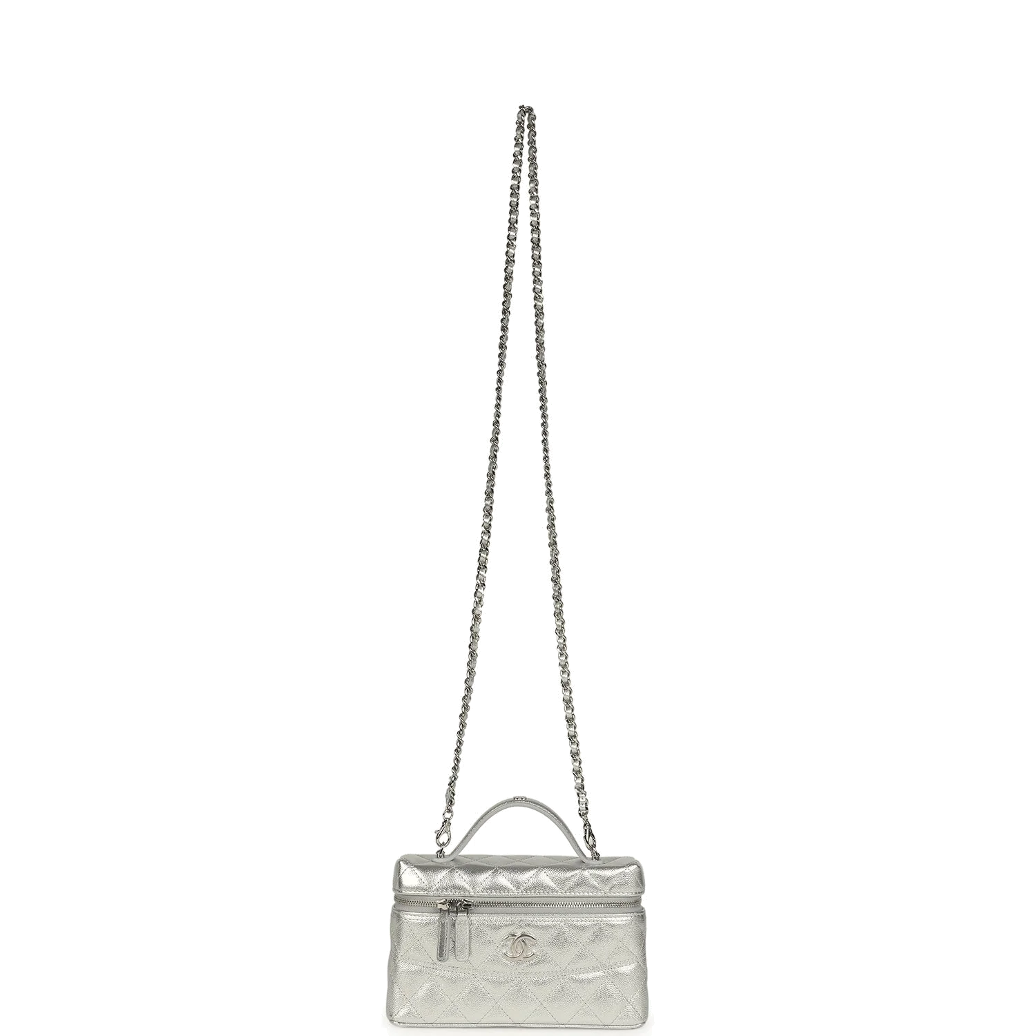Chanel Top Handle Long Vanity Case with Chain Metallic Silver Shiny Caviar — фото 8